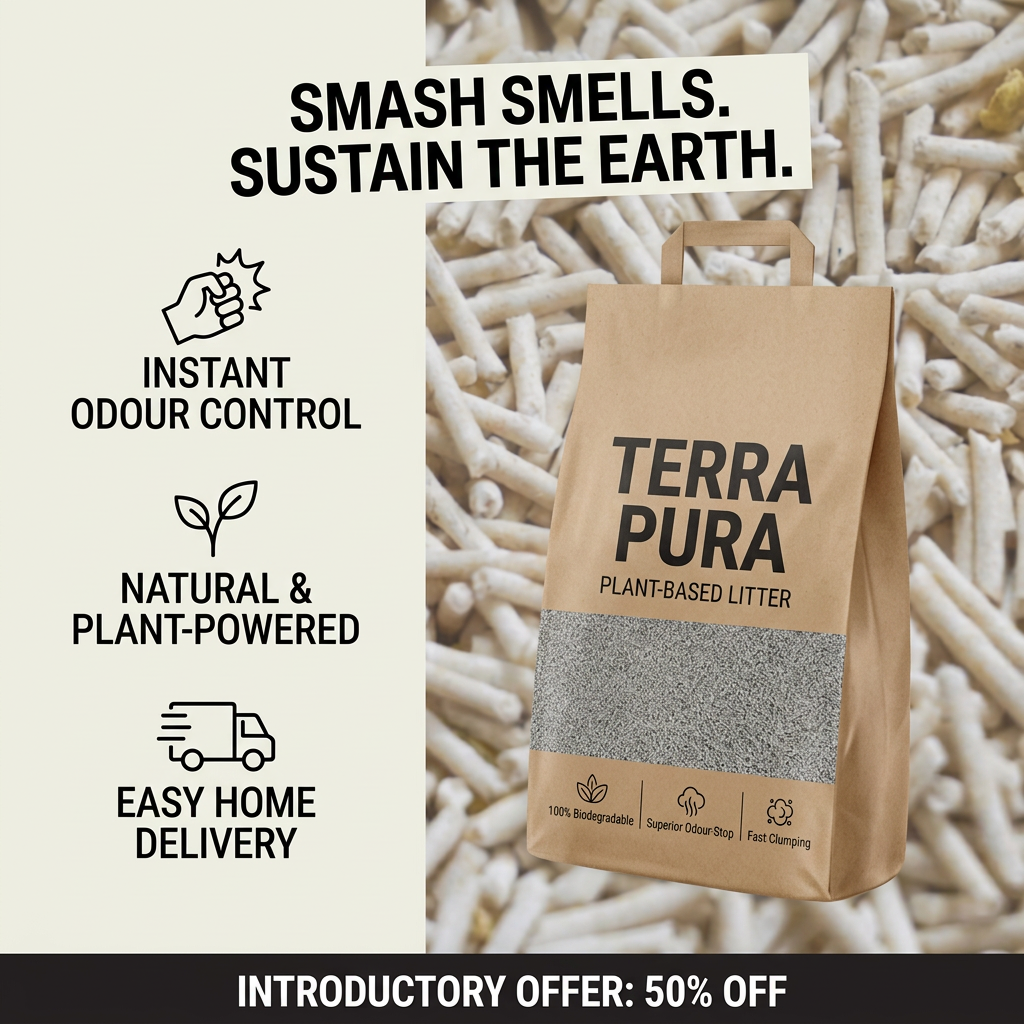 Kraft paper Terra Pura plant-based cat litter bag on pellet background with icons for odour control, natural and delivery