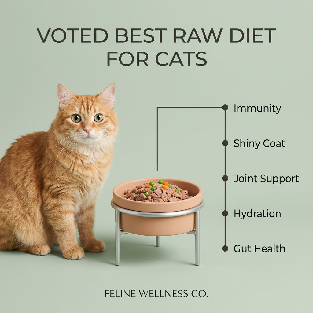 Orange tabby beside a raised terracotta bowl of raw cat food, with immunity, coat, joints, hydration and gut health