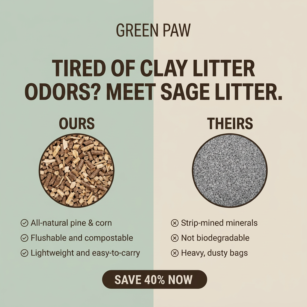 Split ad: circle of pine and corn litter pellets vs circle of grey clay litter, with ticks, crosses and a Save 40% Now button