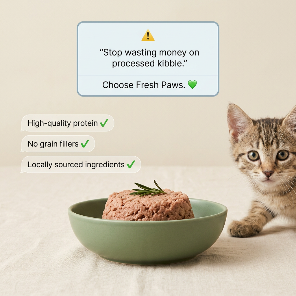 Tabby kitten approaching a green bowl of fresh cat food under a warning alert box and three chat bubbles with green ticks