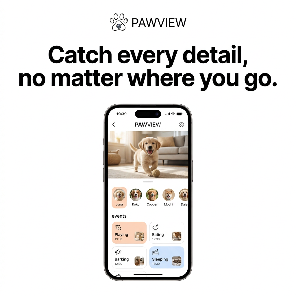 iPhone showing Pawview app with live video of a golden retriever puppy, pet profiles and tiles for playing, eating, barking