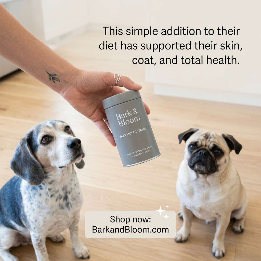 Hand with leaf tattoo holding a grey Bark & Bloom dog multivitamin tin above a beagle mix and a pug sitting on a wooden floor