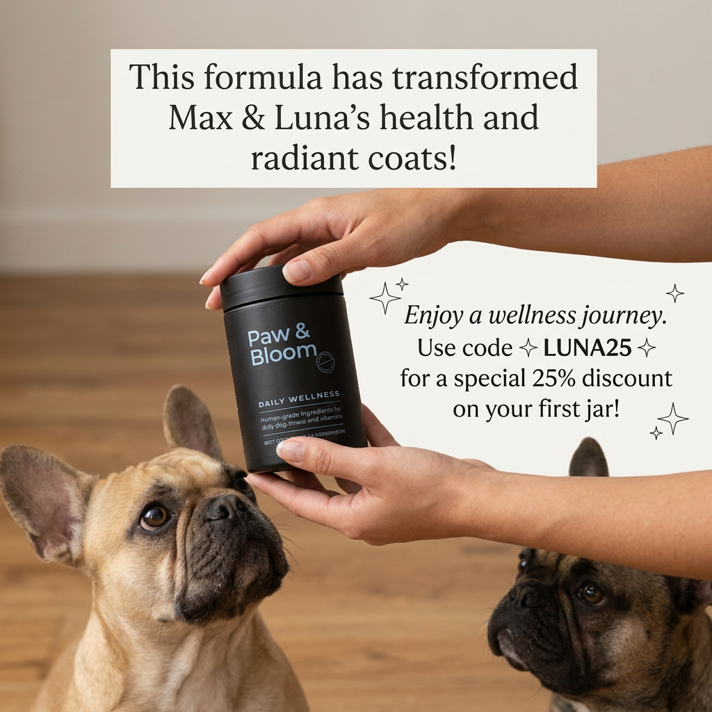 Two hands holding a black Paw & Bloom Daily Wellness jar above two French bulldogs, with testimonial and LUNA25 discount code
