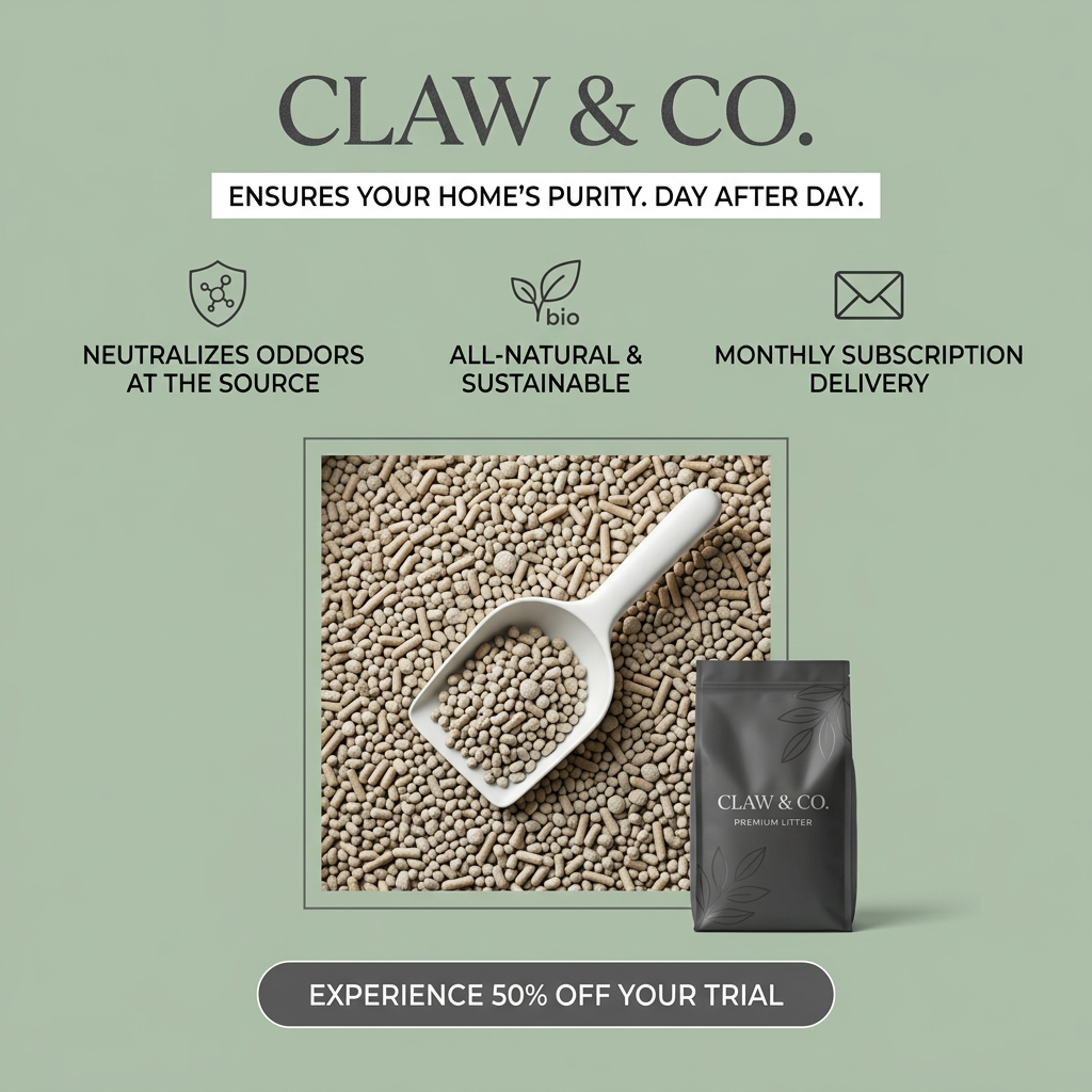 White scoop in natural cat litter pellets beside black Claw & Co. pouch on sage green, three icon benefits and 50% off trial