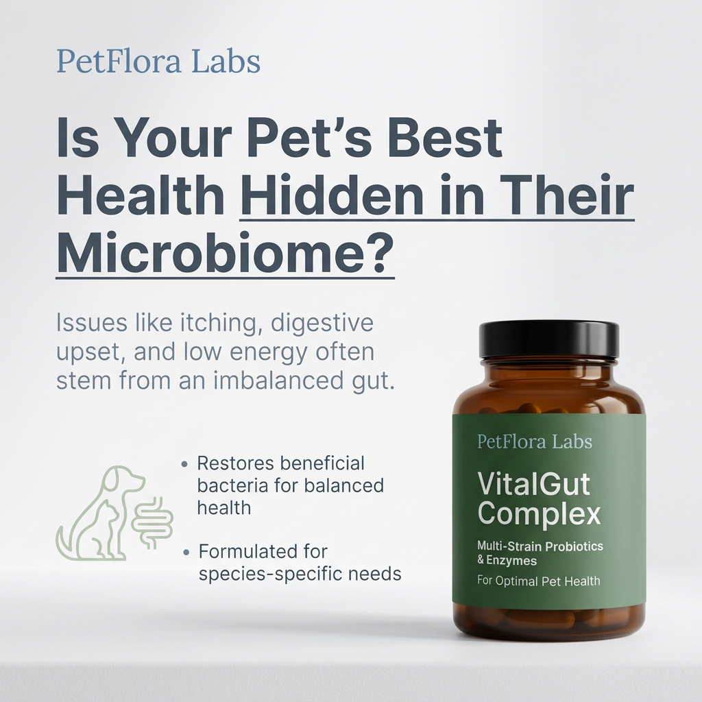 Amber VitalGut Complex bottle with green label beside a microbiome question headline, symptom text and dog and cat gut icon