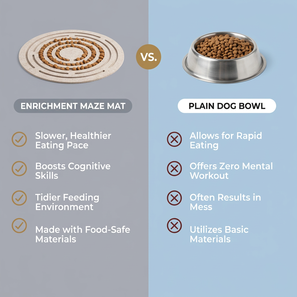 Split ad: round felt maze mat with kibble vs steel dog bowl, gold VS badge, four gold ticks vs four maroon crosses