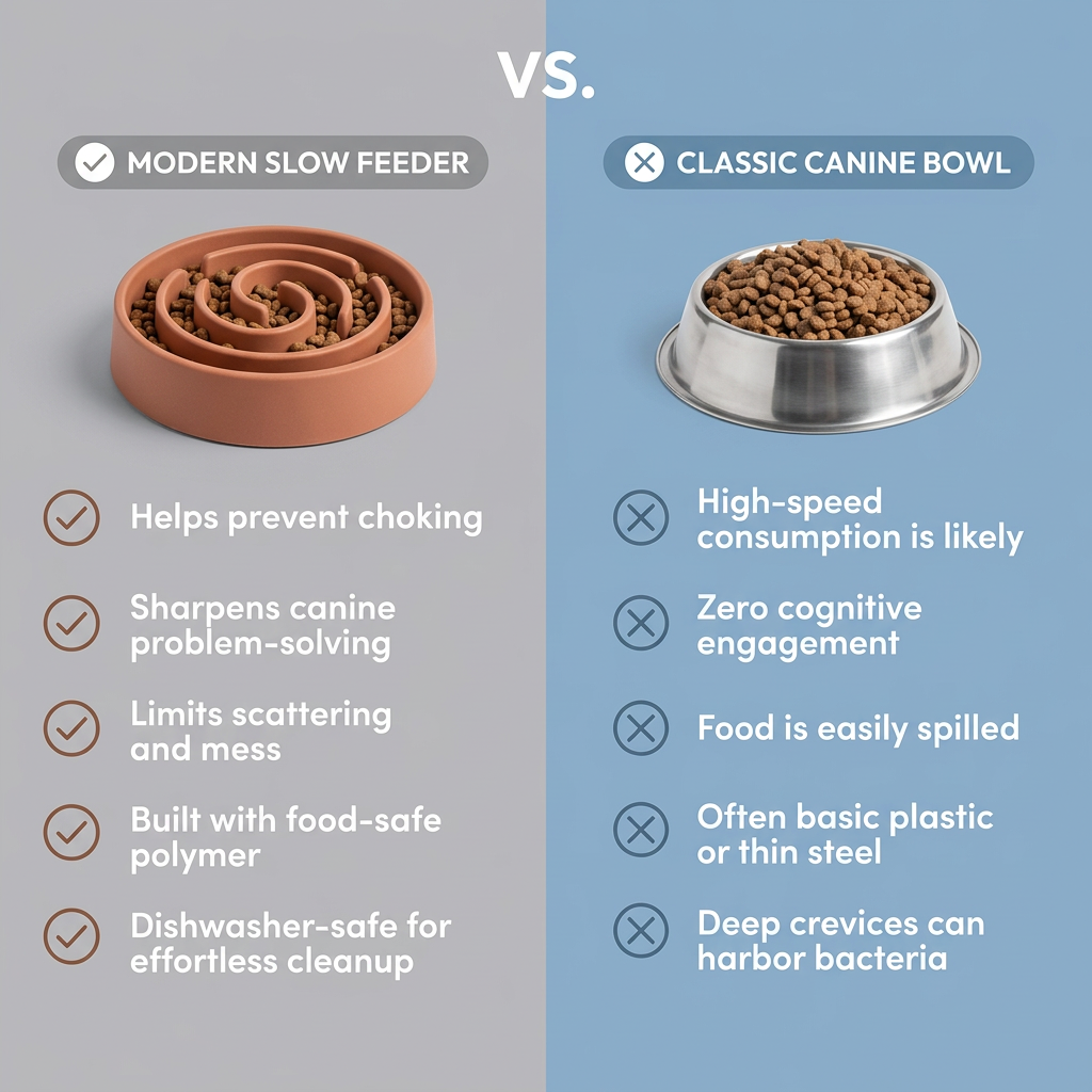 Split ad: terracotta spiral slow feeder with kibble vs steel dog bowl, large VS at top, five ticks vs five crosses