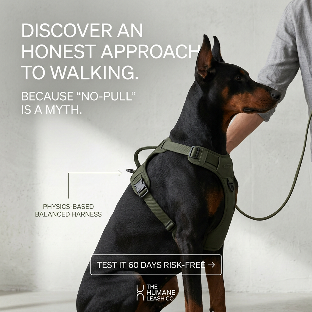 Doberman sitting calmly in an olive harness on a leash beside its owner against a concrete wall, with 60-day trial button