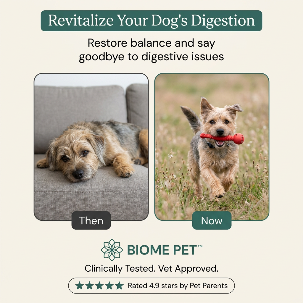 Before and after: tired terrier on a grey sofa labelled Then, same dog running through grass with a red toy labelled Now