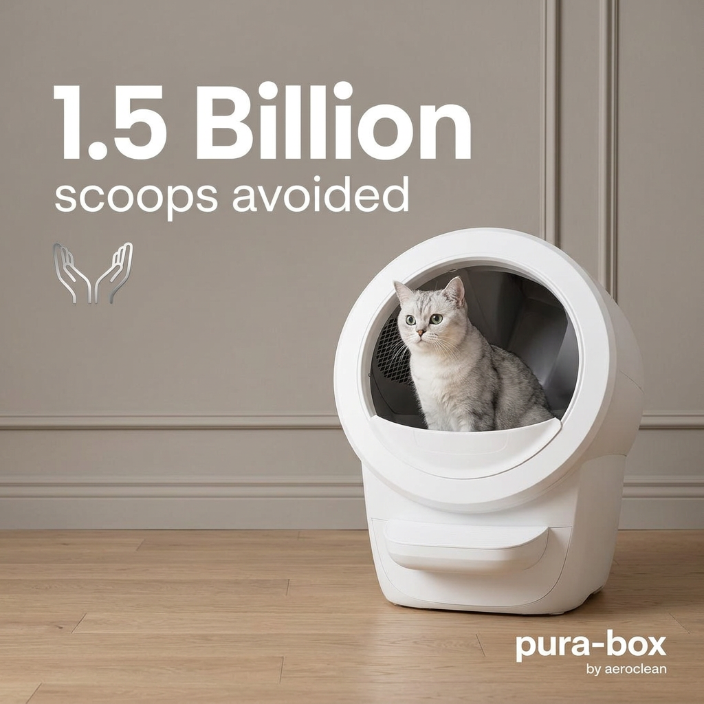 Silver tabby inside a white round self-cleaning litter box in a panelled room under the stat 1.5 billion scoops avoided