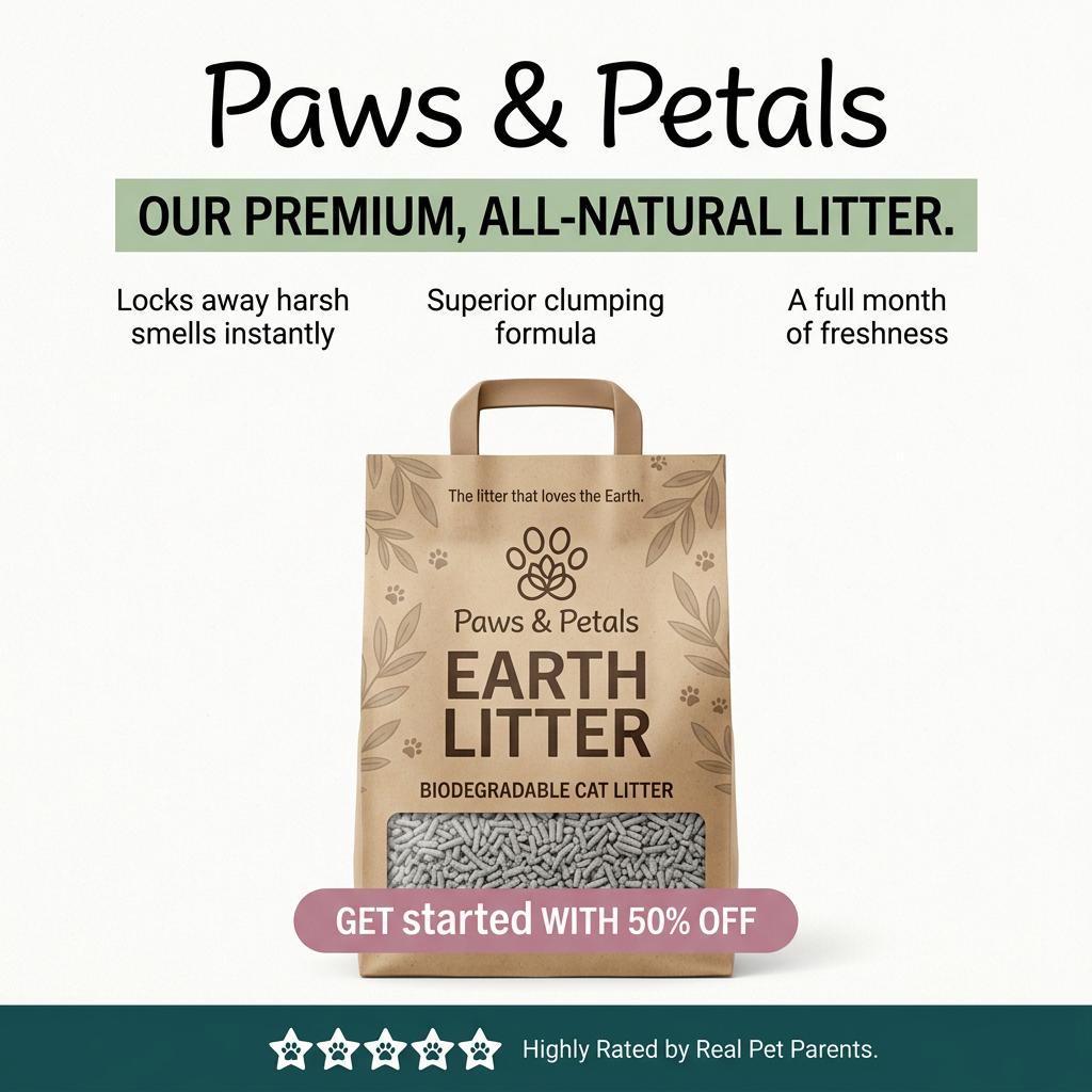 Kraft paper Paws & Petals Earth Litter bag with leaf drawings, three benefits above, 50% off pill and paw-star rating