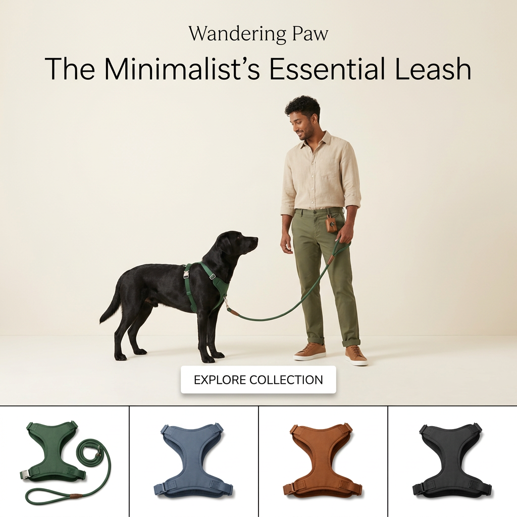 Man in beige shirt with black Labrador in forest green harness and rope leash, four harness colours in a grid below
