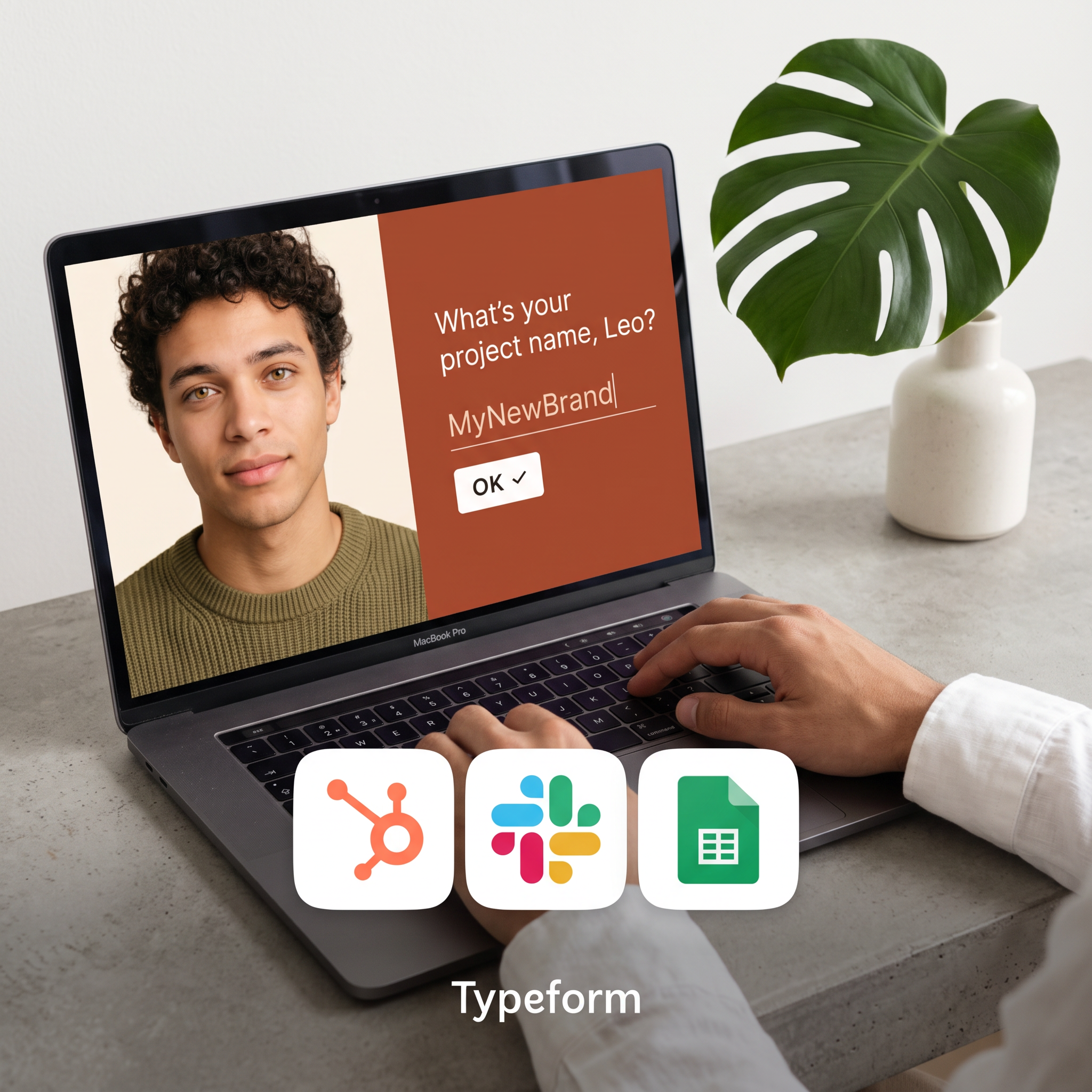 Laptop showing a form asking 'What's your project name, Leo?' with HubSpot, Slack and Google Sheets icons below