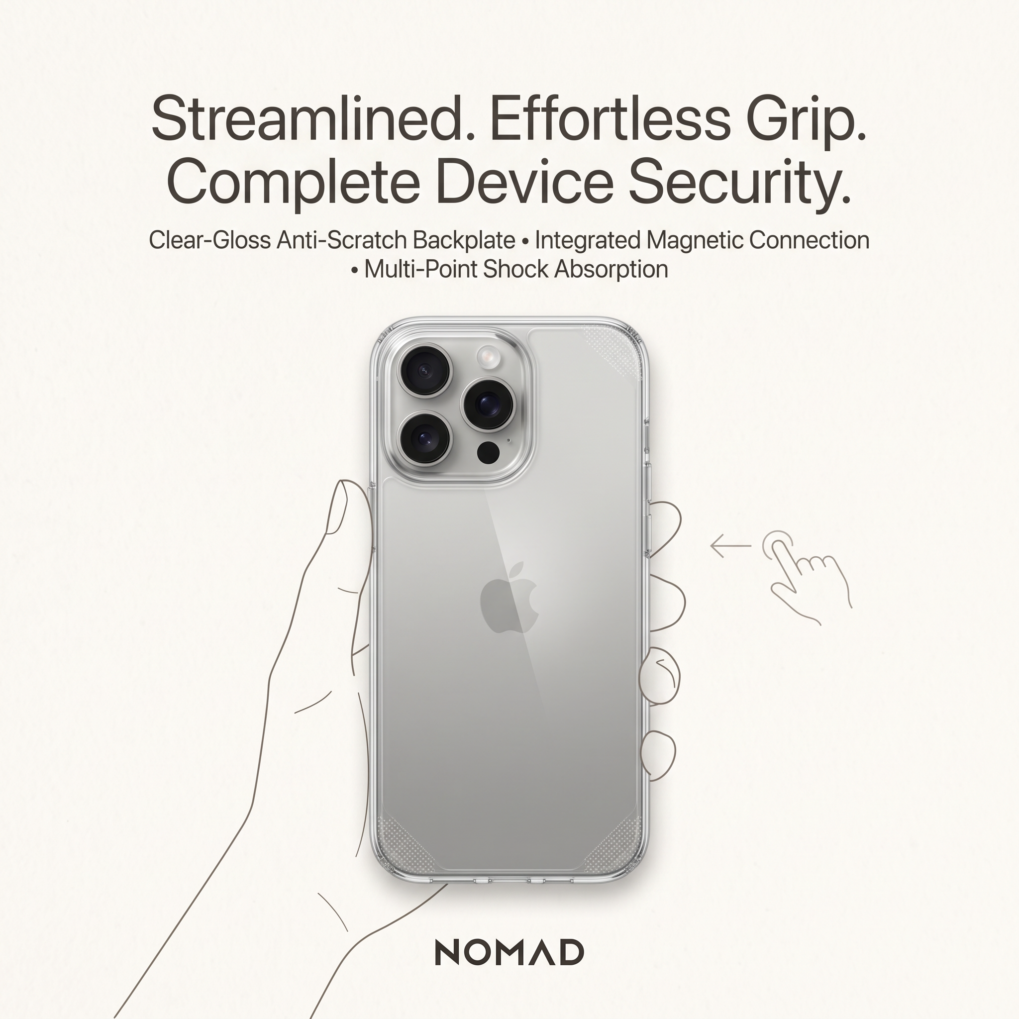 Clear case on a silver iPhone held by a line-drawn hand, with headline about grip and security on an off-white background
