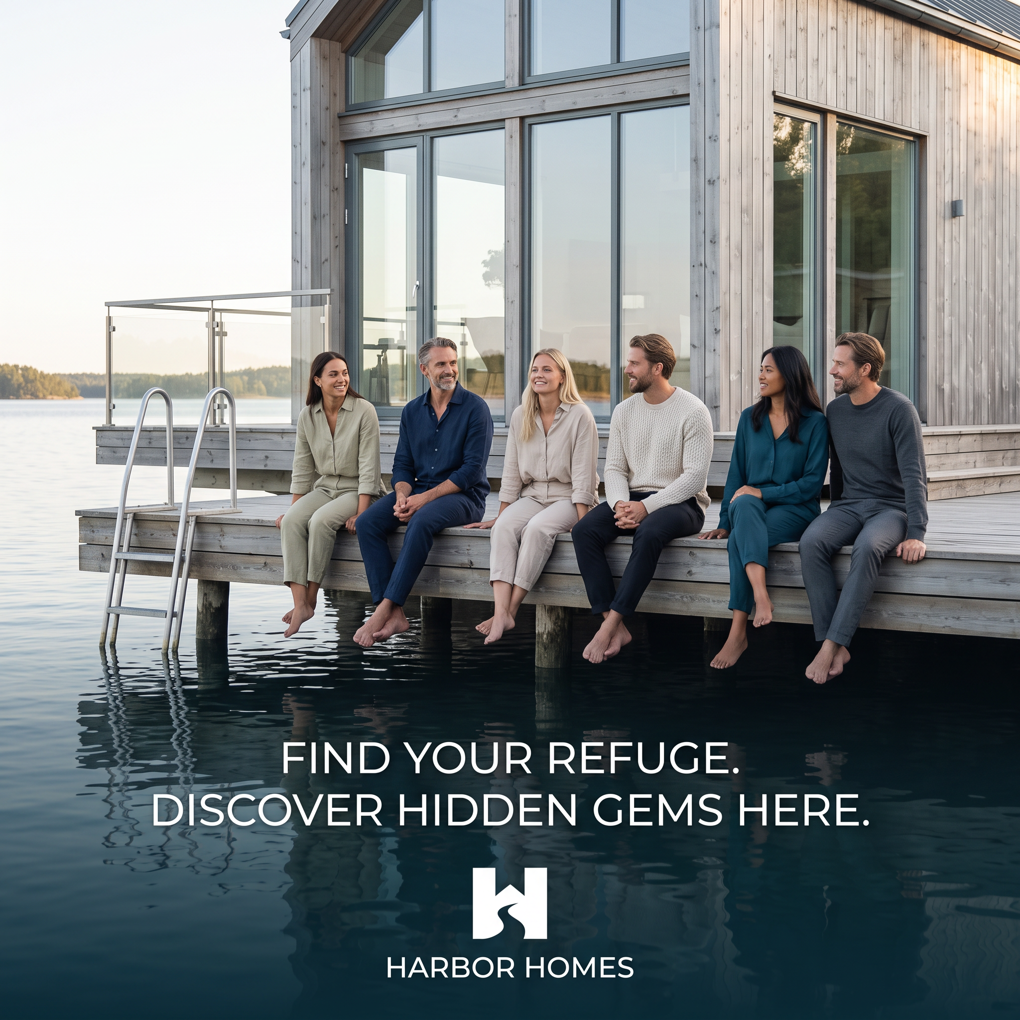 Six friends sitting barefoot on a dock in front of a modern wooden lake house at dusk, with headline and Harbor Homes logo