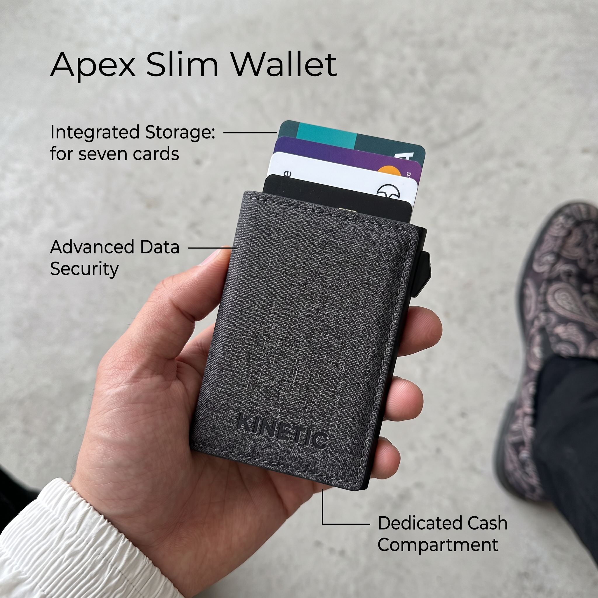 Hand holding a grey Kinetic slim wallet with cards popped up and callouts for storage, data security and cash