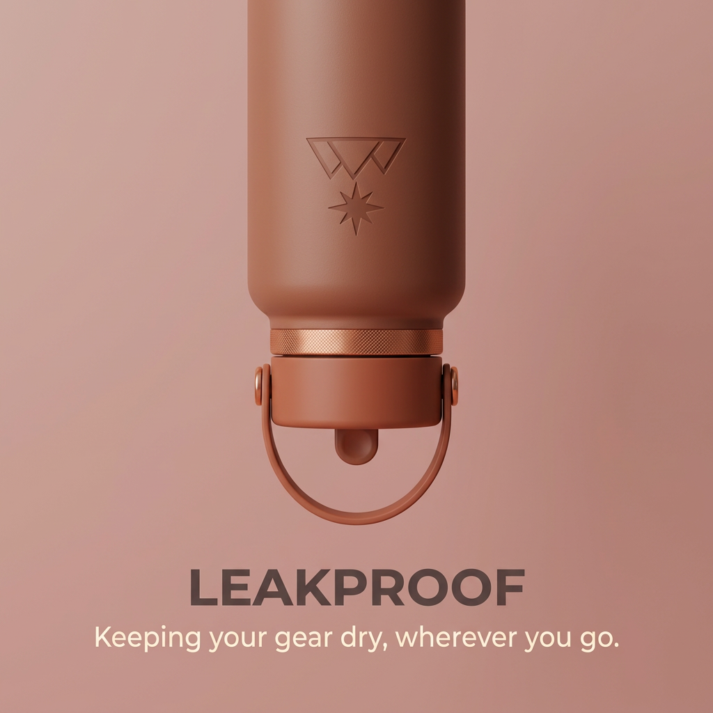 Terracotta water bottle hanging upside down by its handle on a dusty rose background with the word LEAKPROOF