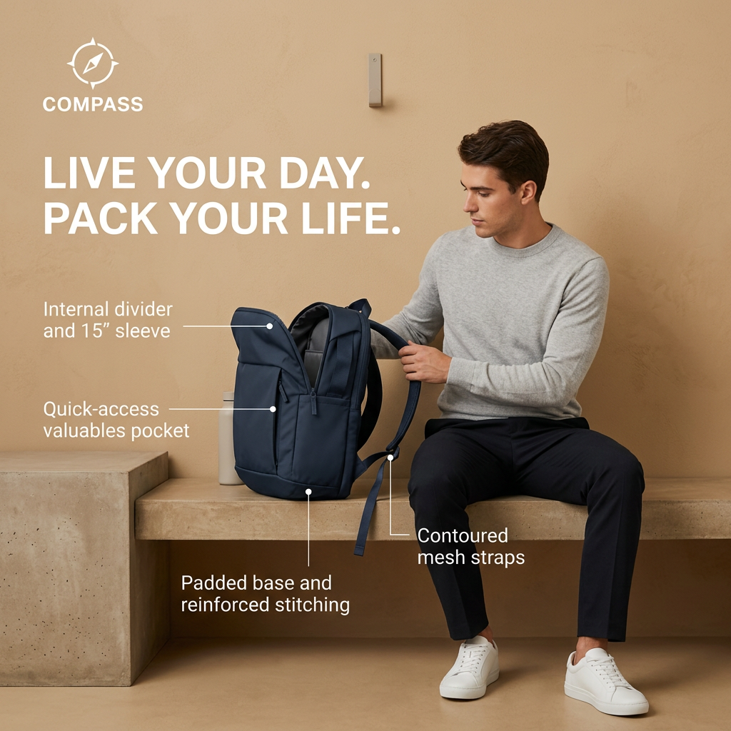 Man on concrete bench opening a navy backpack with four feature callouts and headline Live your day. Pack your life.