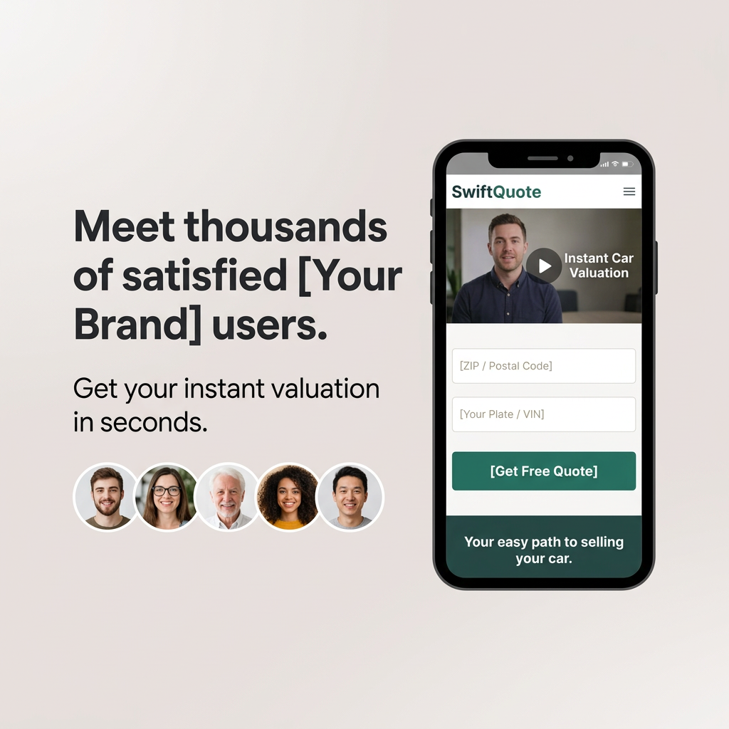 Car valuation ad with headline about satisfied users, five customer faces and a phone showing a quote form