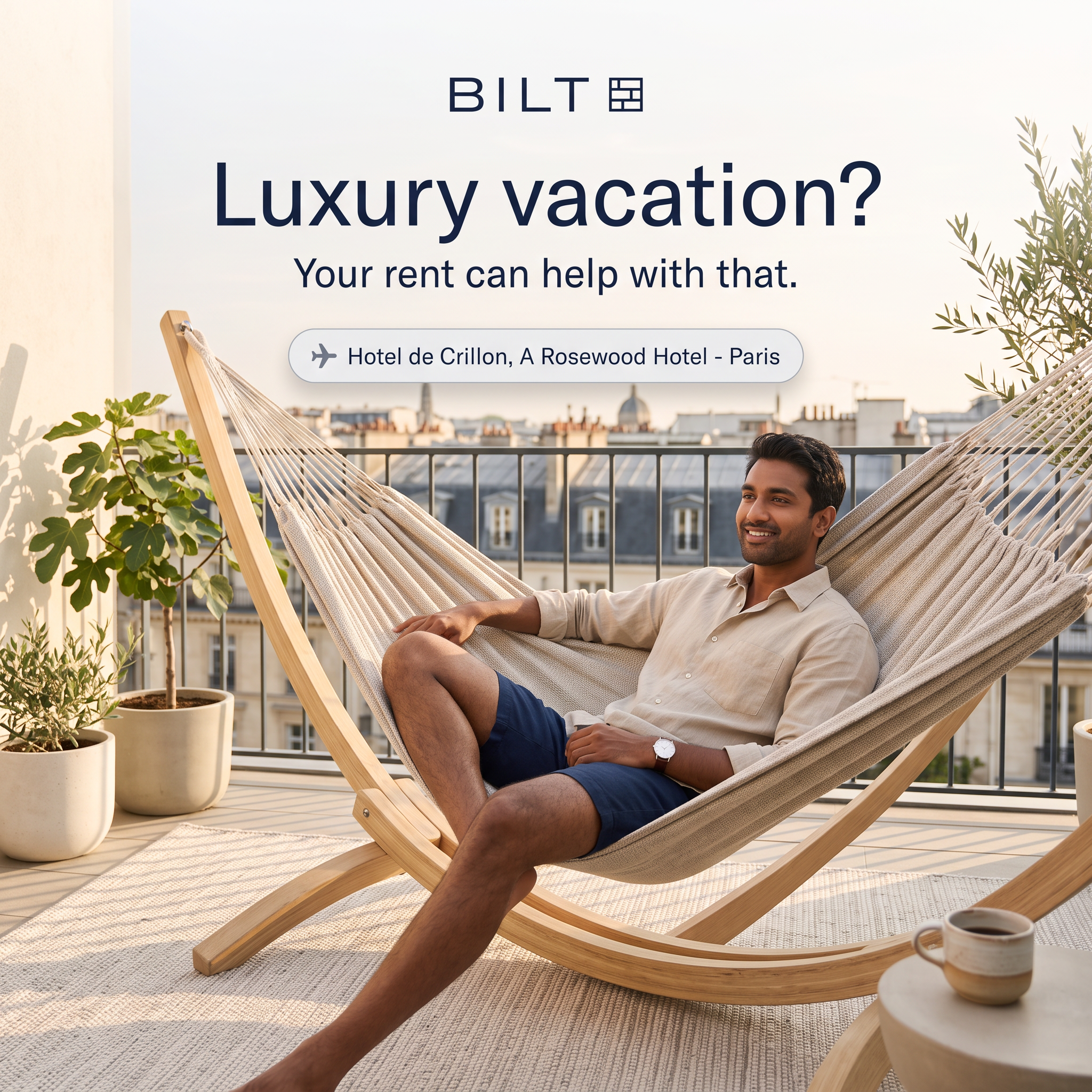 Man relaxing in a hammock on a Paris rooftop terrace under the headline Luxury vacation? Your rent can help with that.