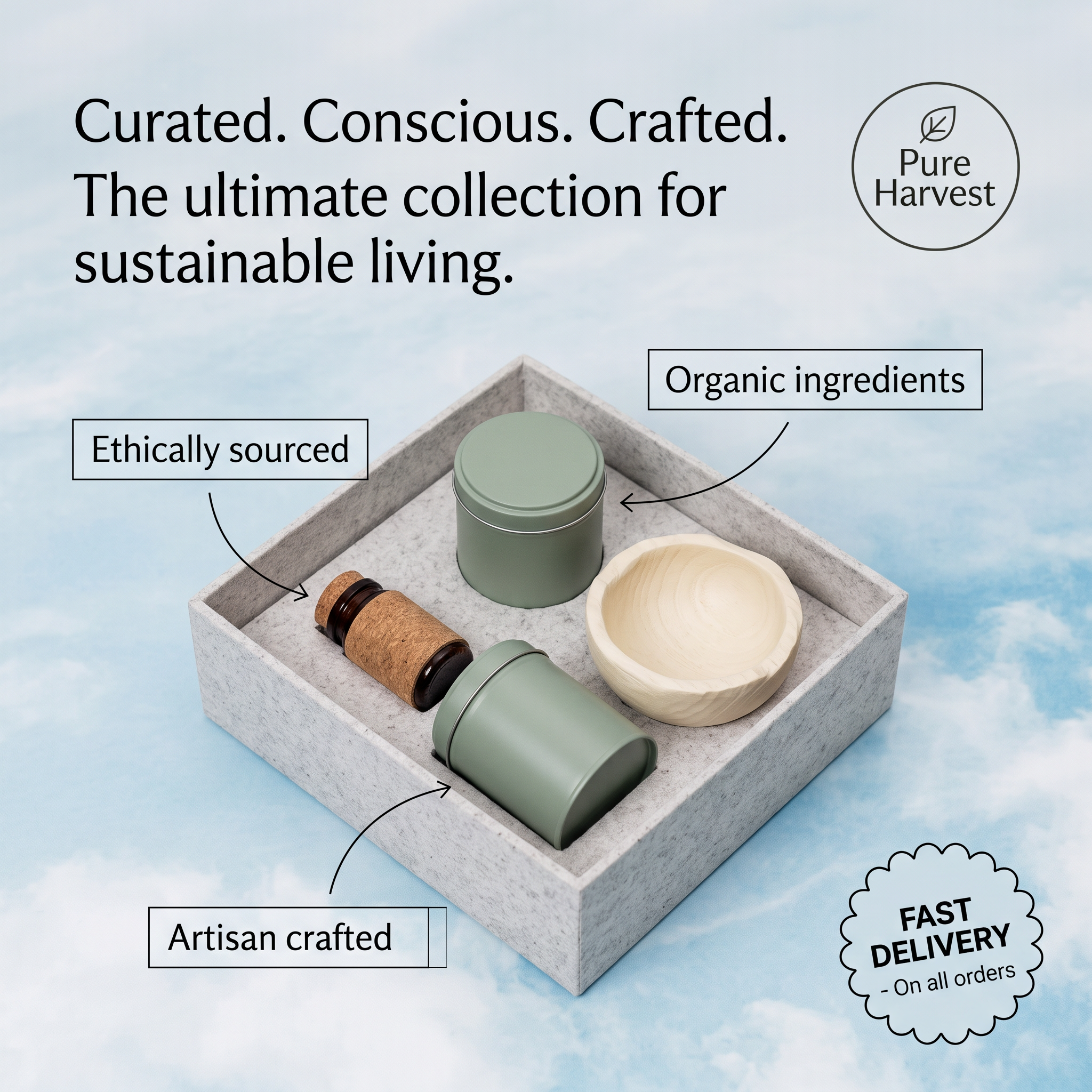 Felt gift box with green tins, cork jar and wooden bowl, labelled Ethically sourced, Organic ingredients and Artisan crafted