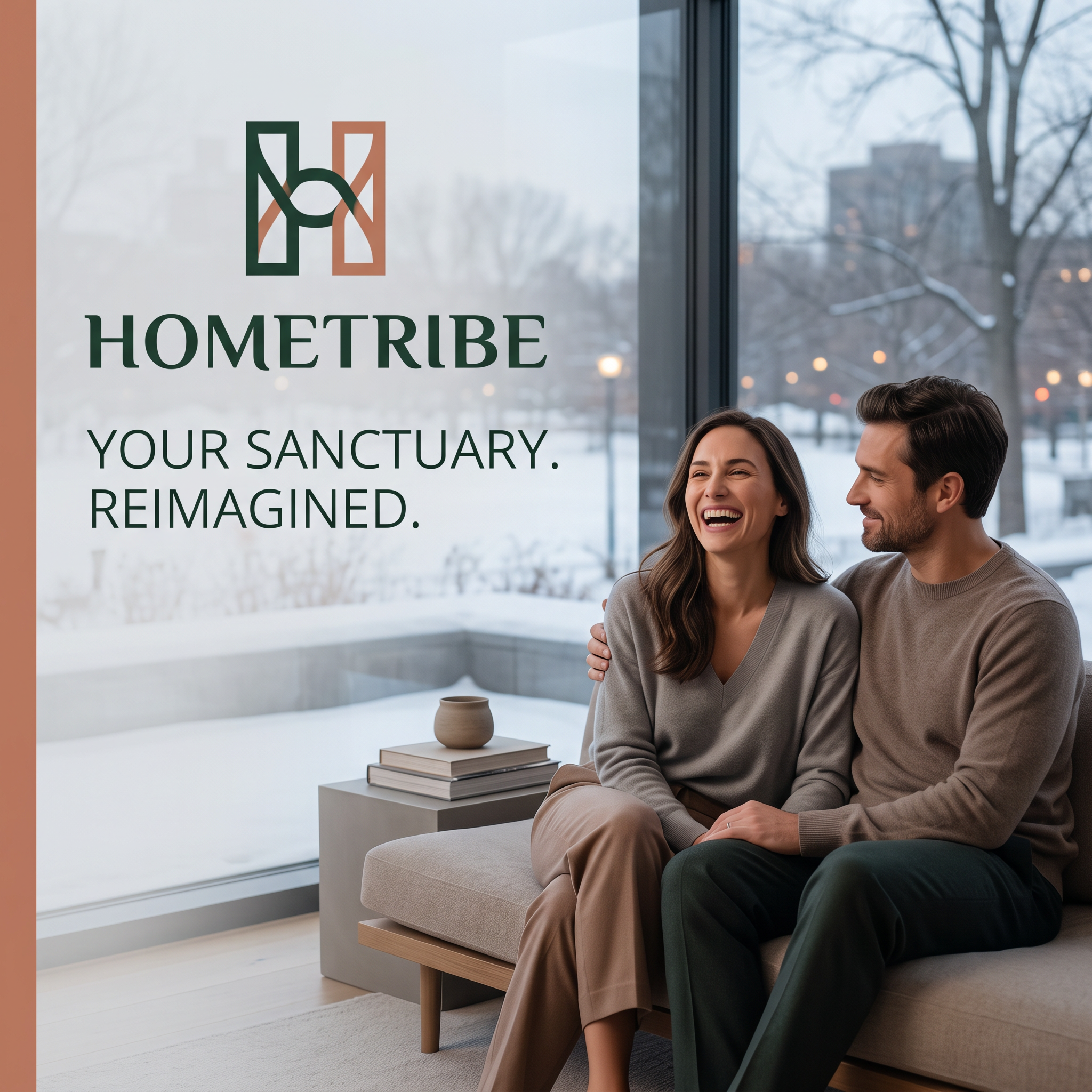 Laughing couple in knit sweaters on a beige sofa beside a large window with a snowy park, with Hometribe logo and headline