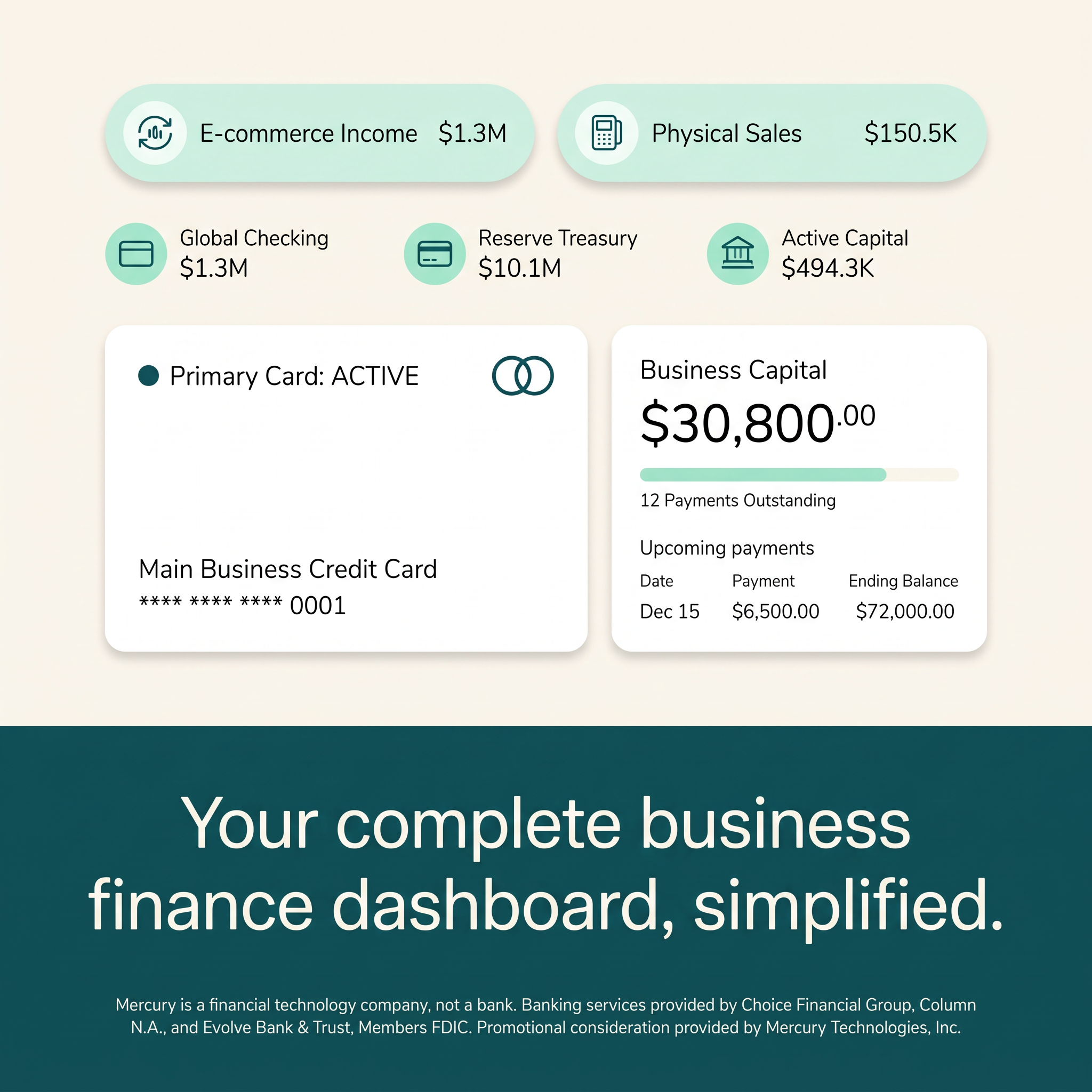 Fintech ad with UI cards showing income, balances, a business card and a capital widget above a teal headline band