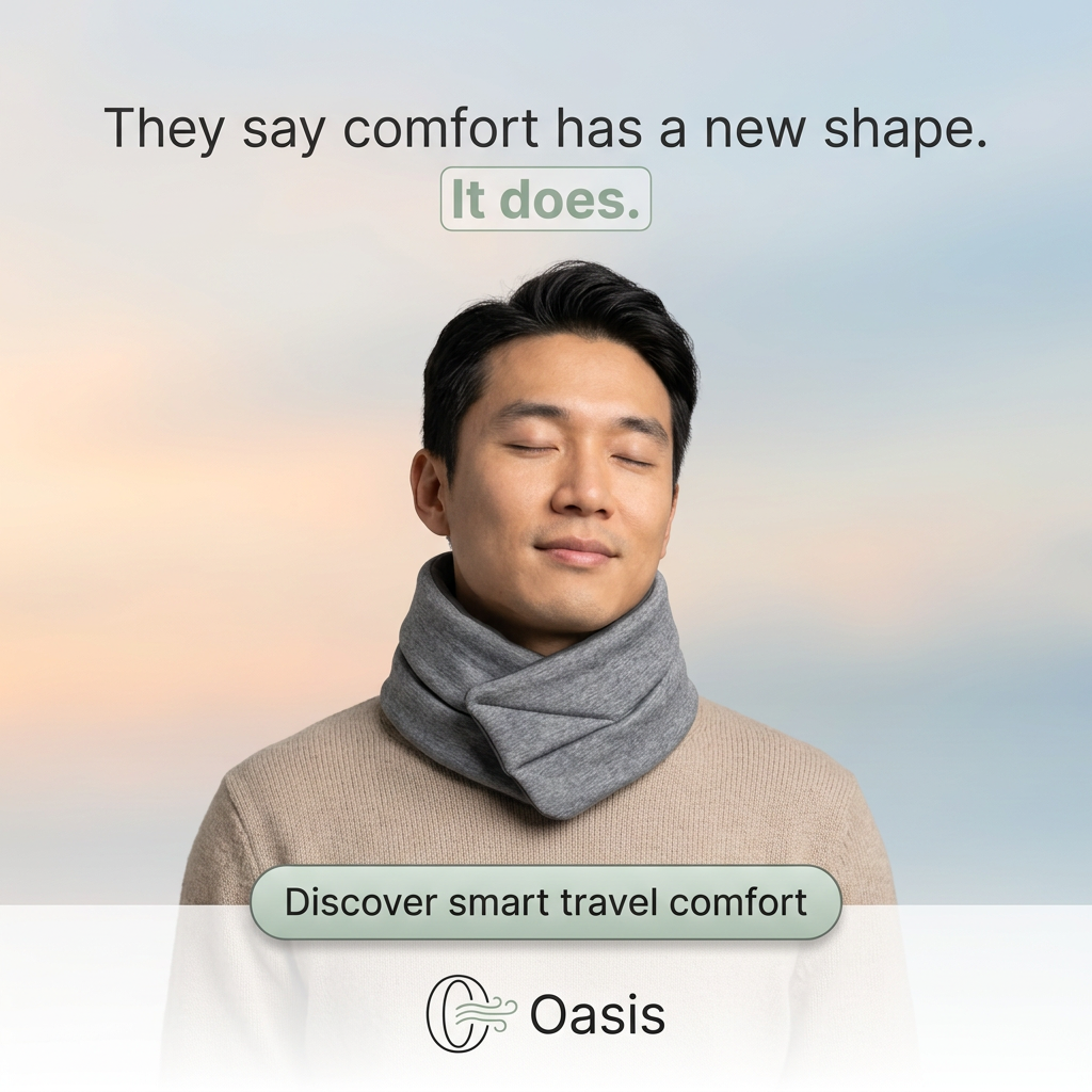 Relaxed man with eyes closed wearing a grey scarf-style travel pillow against a pastel sky, with headline and Oasis logo