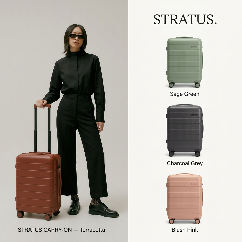 Model in black with a terracotta carry-on suitcase, beside sage green, charcoal grey and blush pink suitcase options