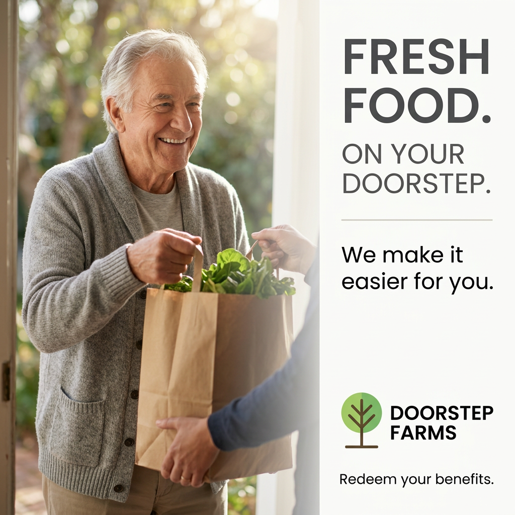 Smiling senior man at his front door receiving a paper bag of fresh greens next to Fresh Food On Your Doorstep text
