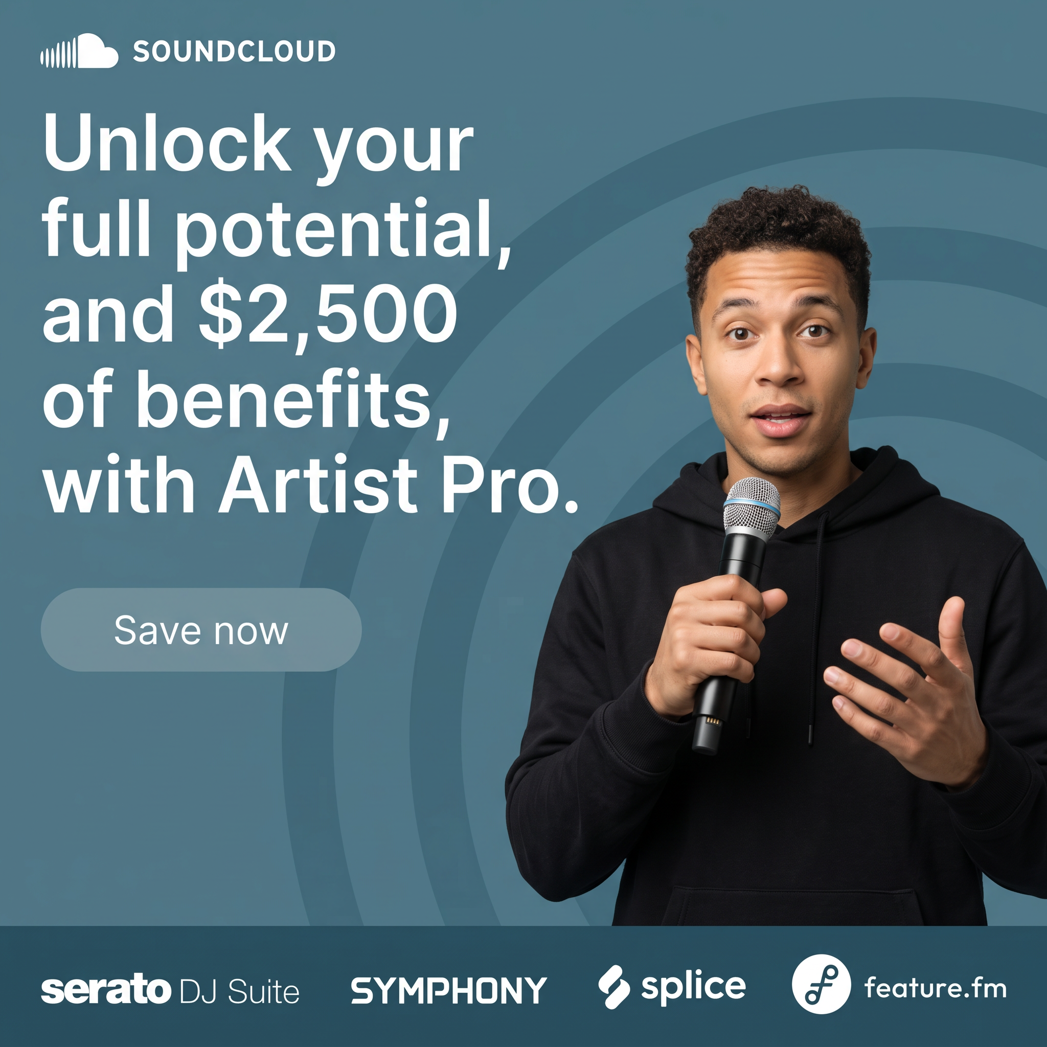 Young artist in a black hoodie holding a microphone on blue next to SoundCloud Artist Pro $2,500 benefits text
