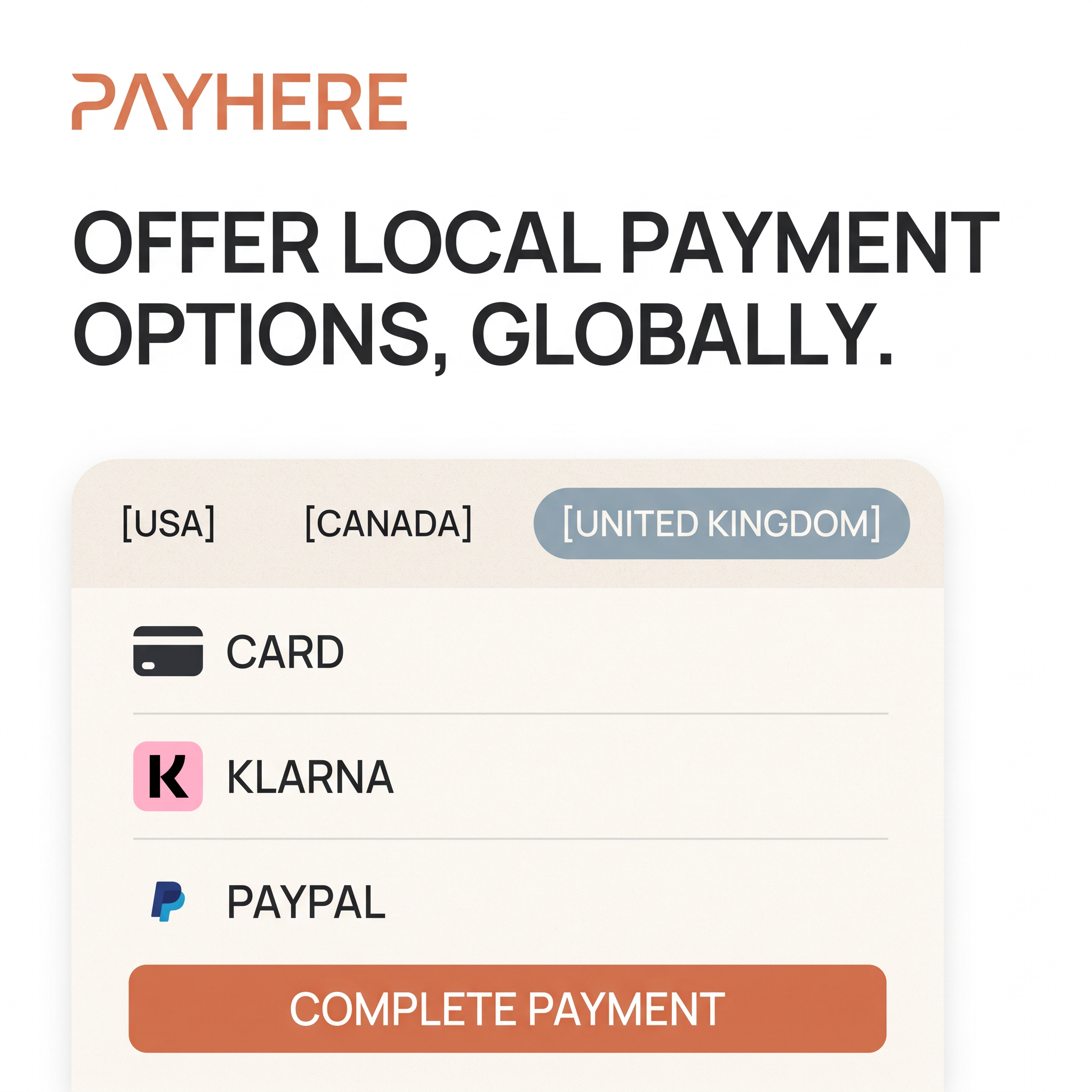 Checkout widget with USA, Canada and UK tabs listing Card, Klarna and PayPal under a local payment options headline