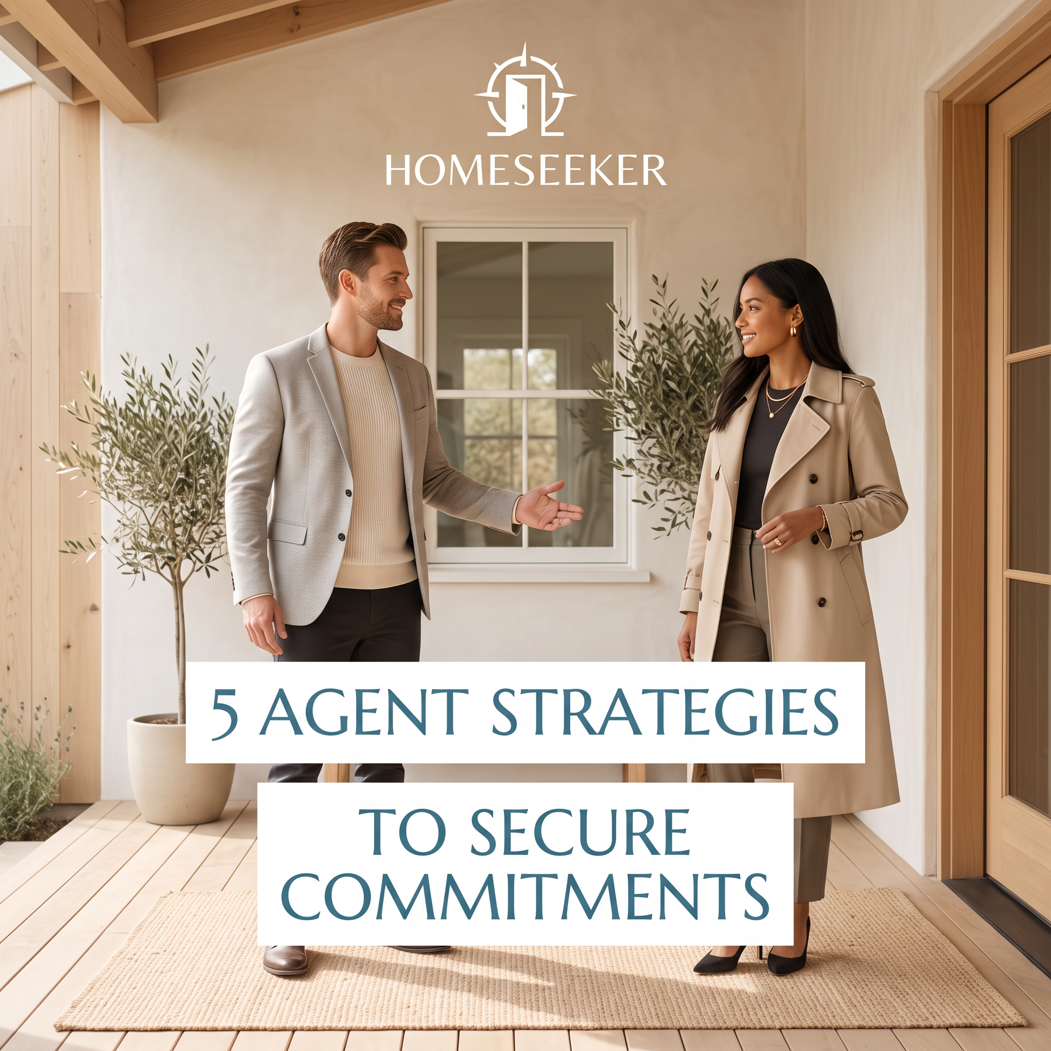 Real estate agent in a grey blazer welcoming a woman in a beige trench coat on a bright porch with 5 Agent Strategies text