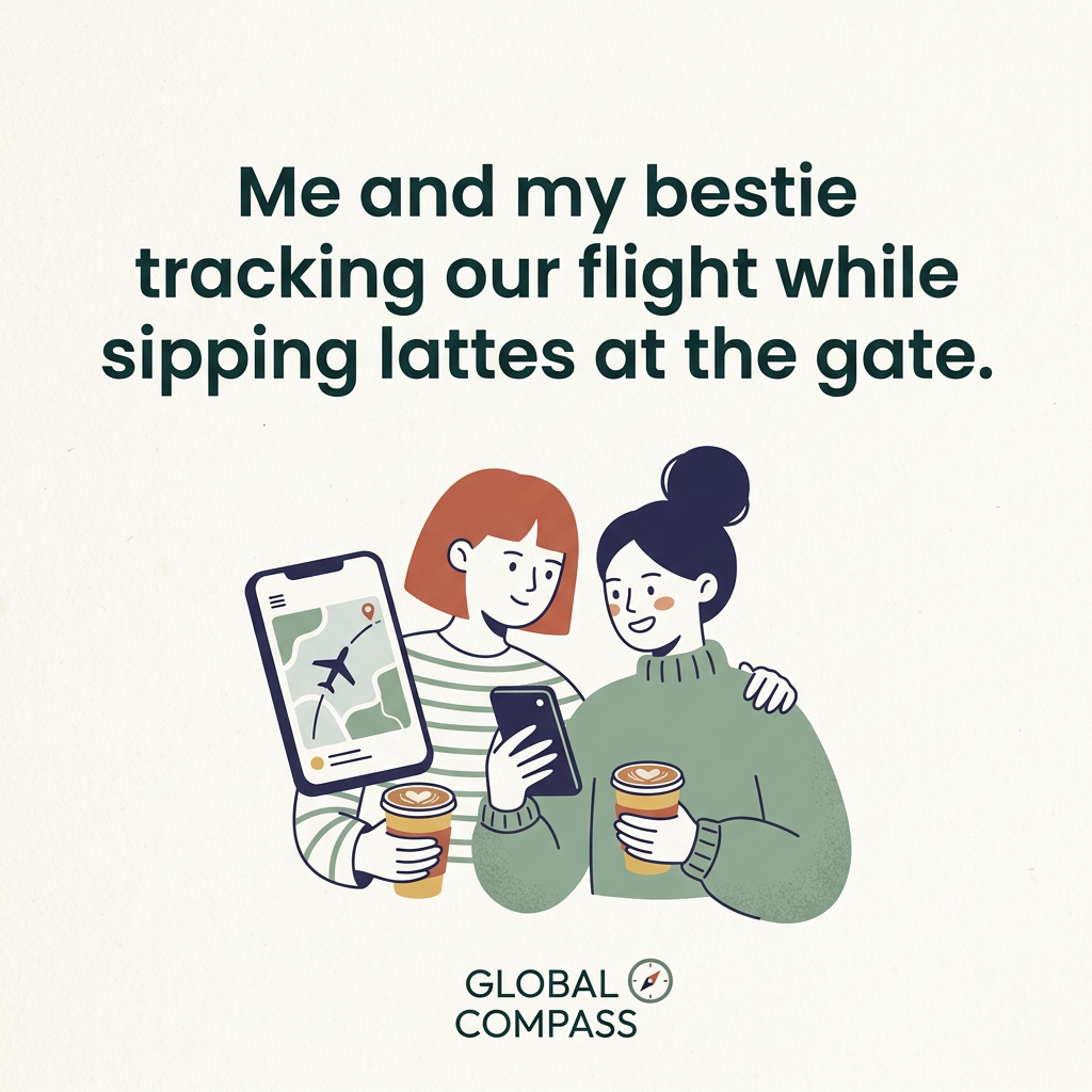 Flat illustration of two smiling women with lattes looking at a phone and tablet showing a flight map, under a meme caption