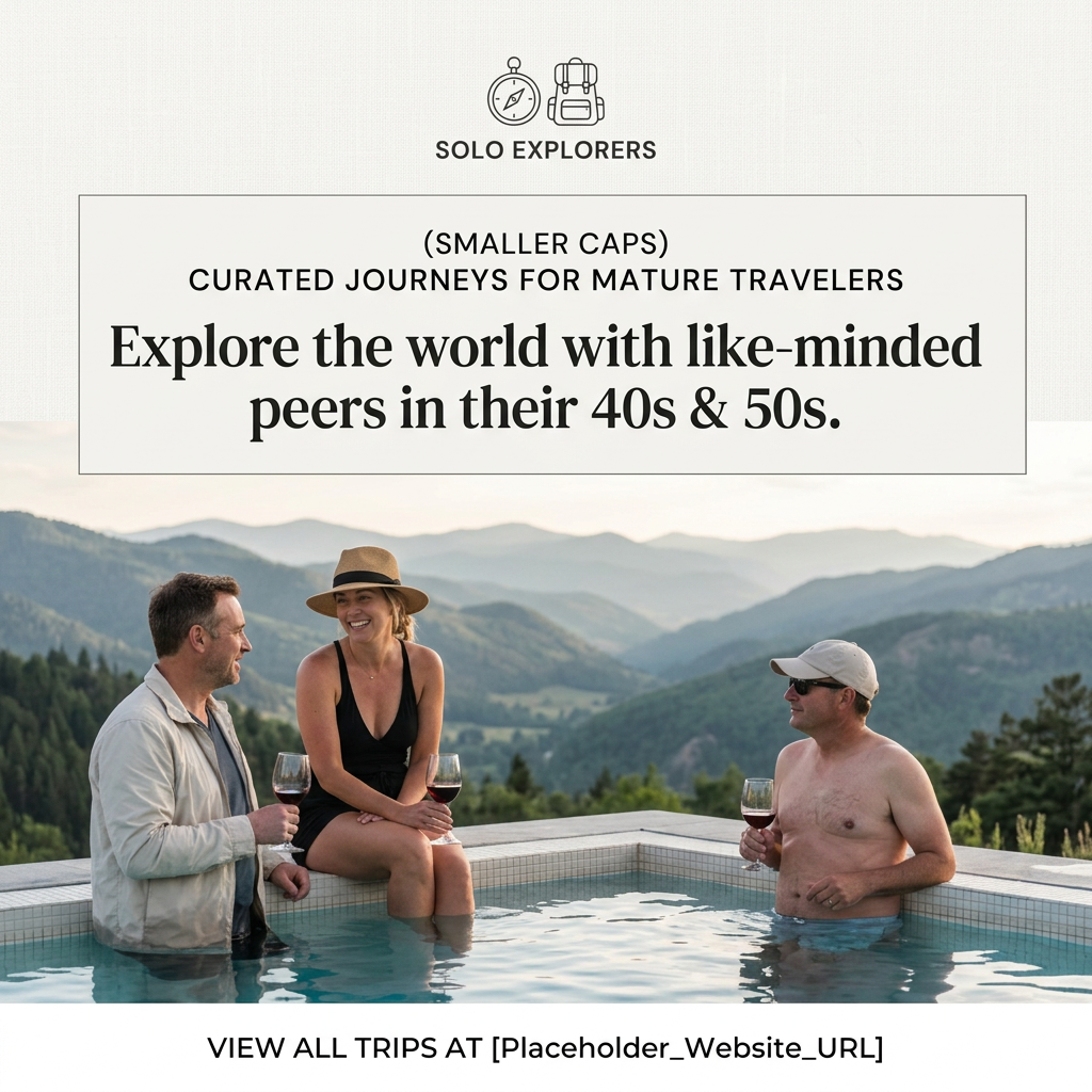 Three travellers in their 40s and 50s chatting with glasses of red wine in an infinity pool overlooking misty green mountains