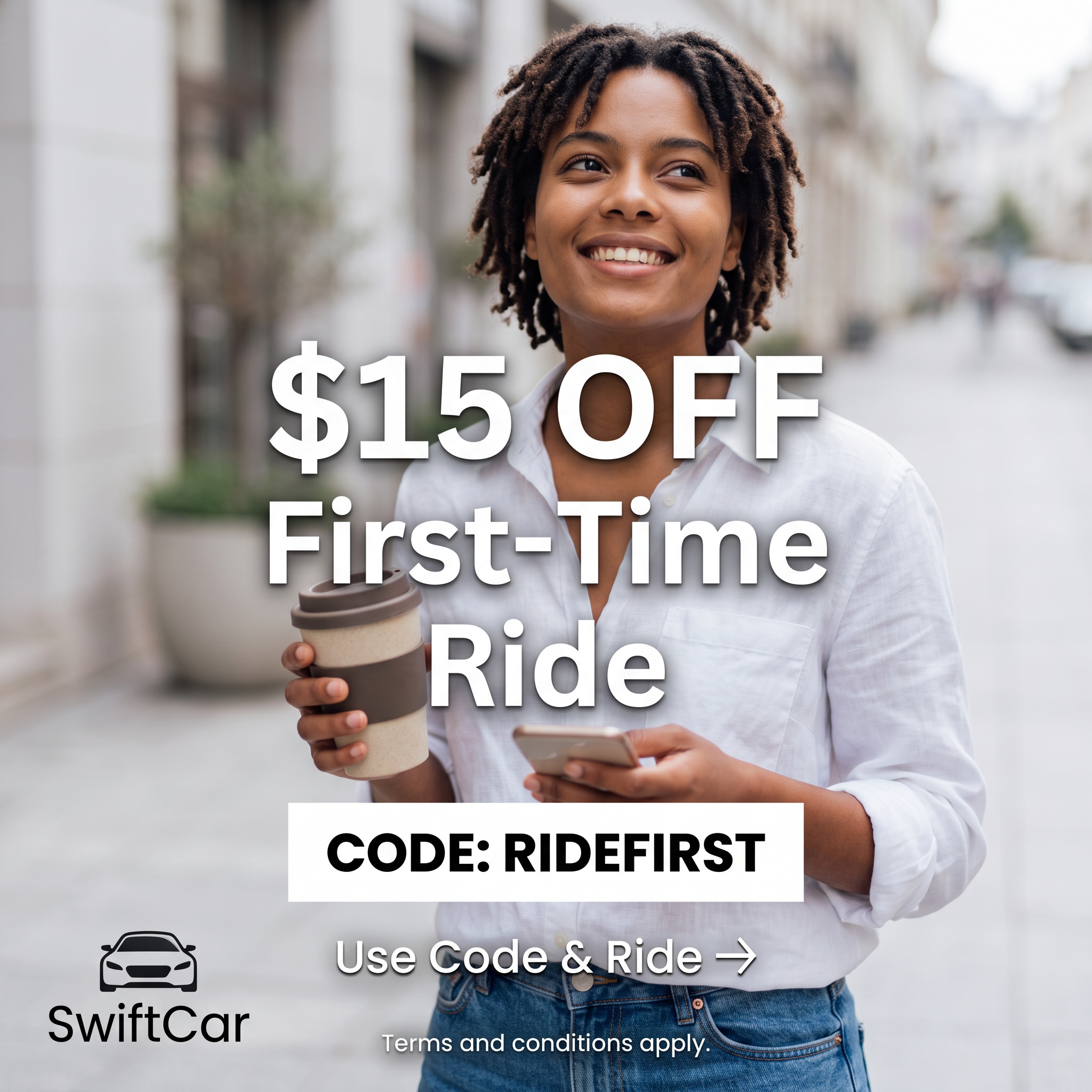 Smiling woman with coffee and phone on a city street, white text $15 OFF First-Time Ride and promo code RIDEFIRST