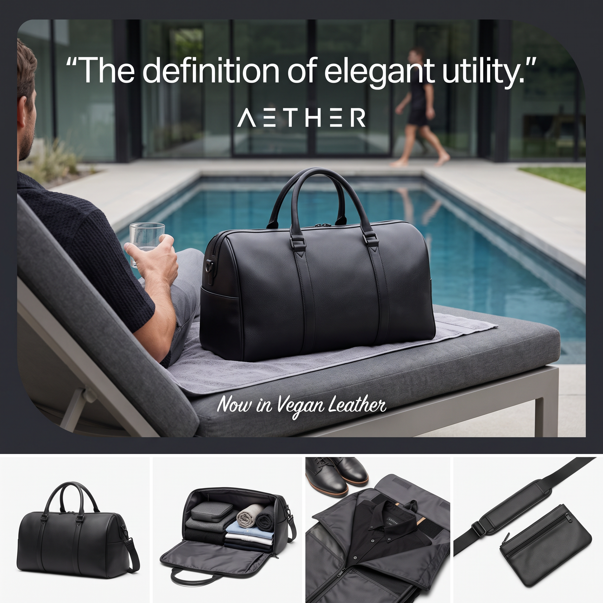 Black vegan leather duffle bag on a poolside lounger with quote text, plus four product detail shots below