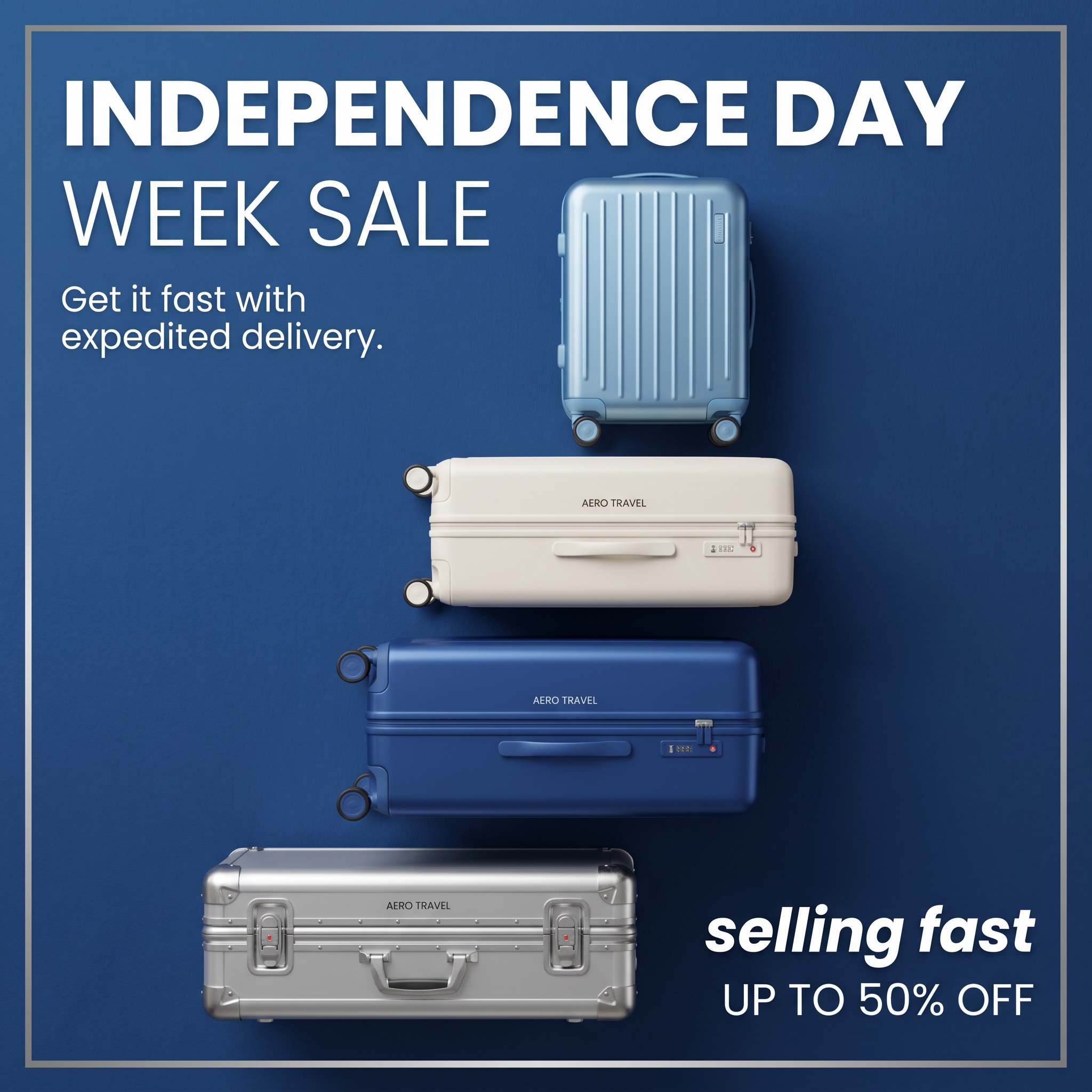 Four Aero Travel suitcases in blue, cream and silver stacked diagonally on navy background with Independence Day sale text