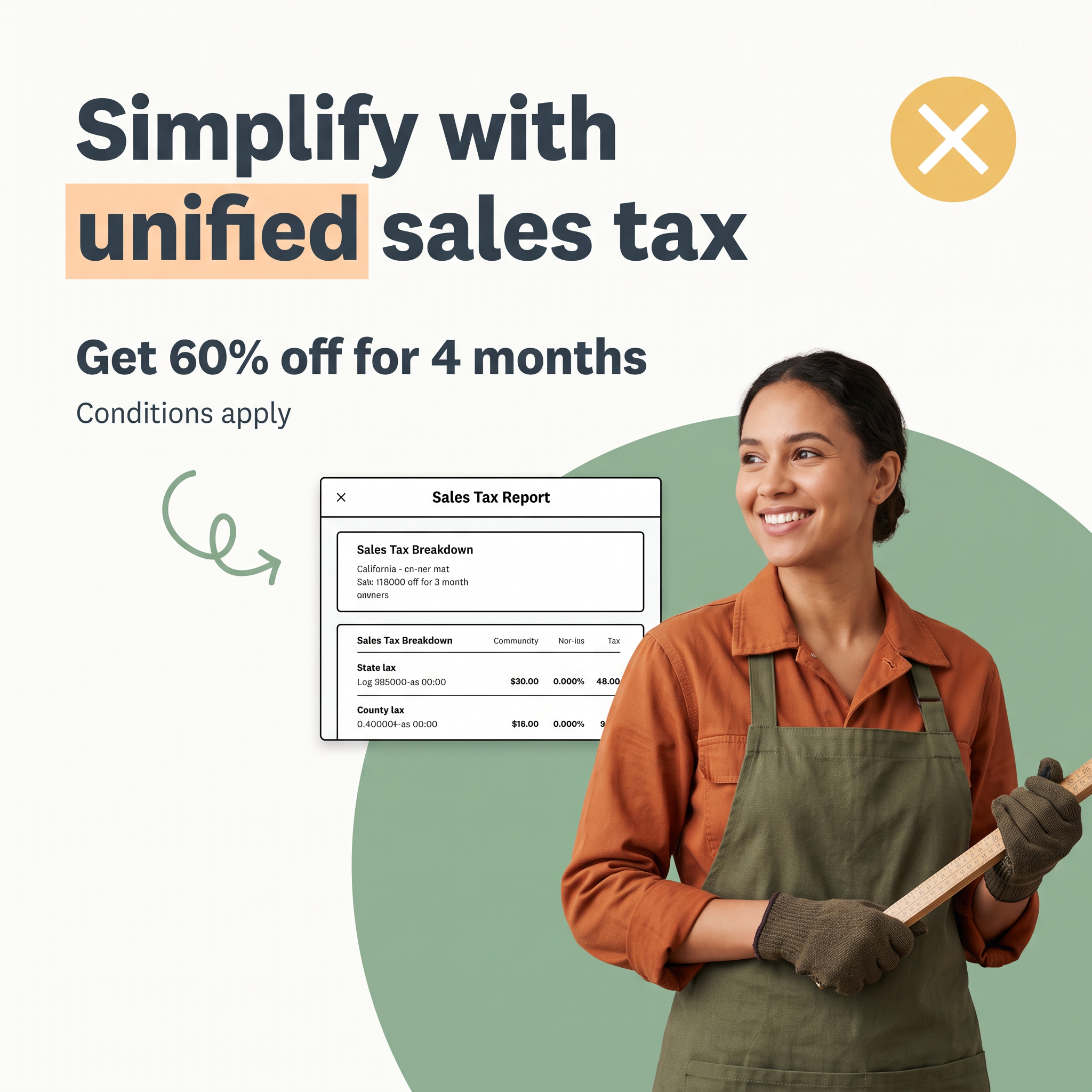 Smiling small business owner in apron next to sales tax report UI card, text Simplify with unified sales tax, 60% off