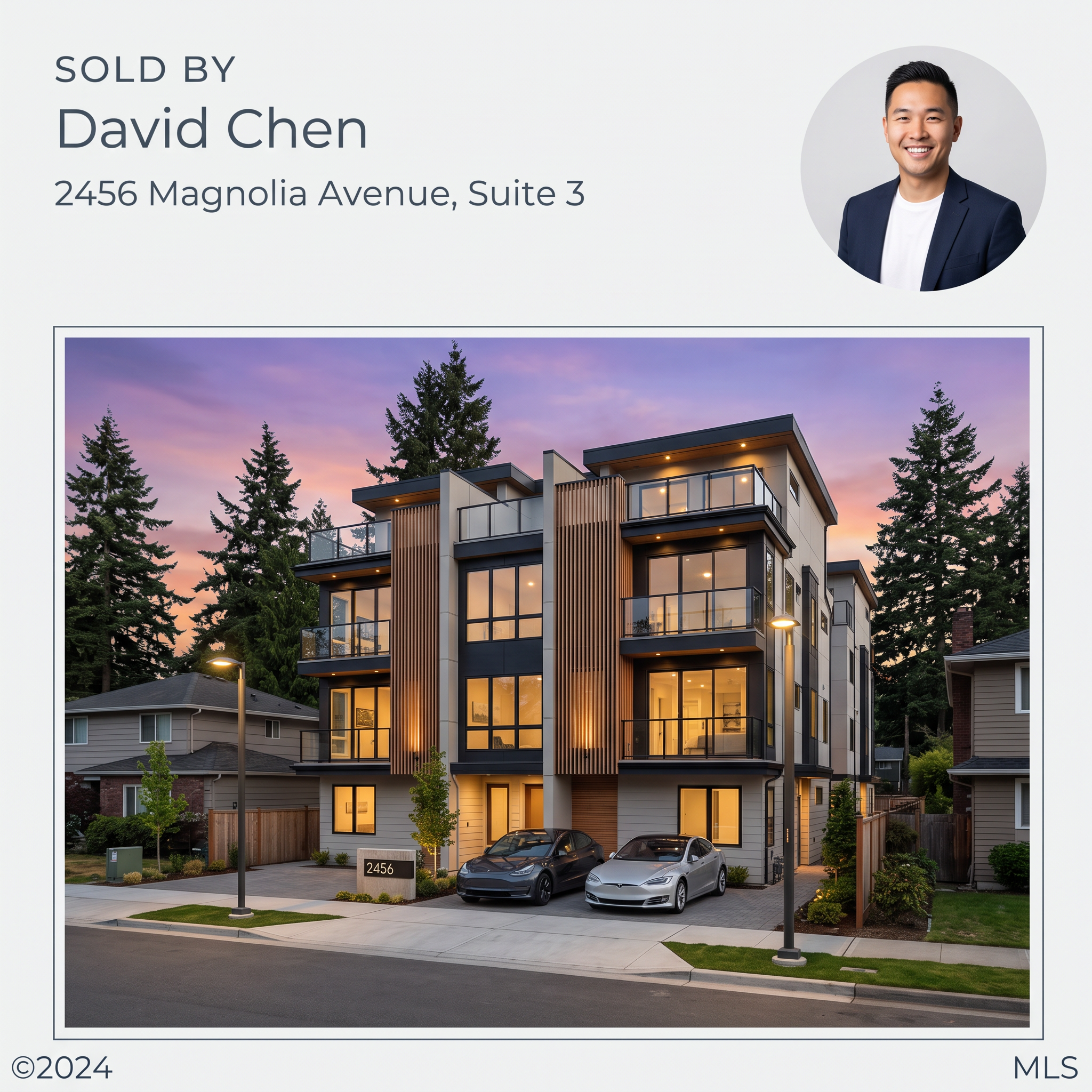 Modern three-storey townhouses at dusk with lit windows and two cars, agent headshot and text Sold by David Chen