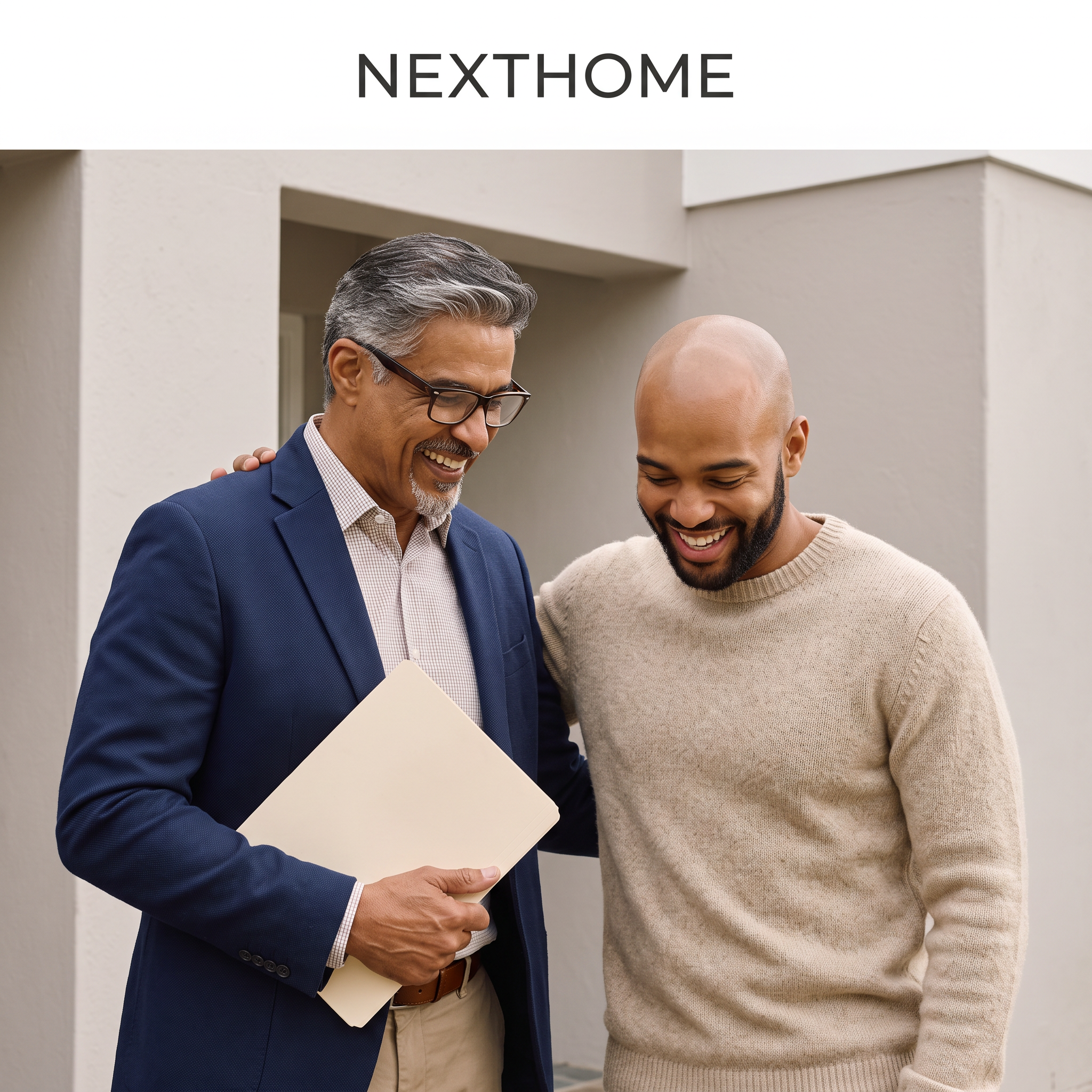 Smiling real estate agent in a navy blazer holding a folder with his arm around a laughing client outside a modern home