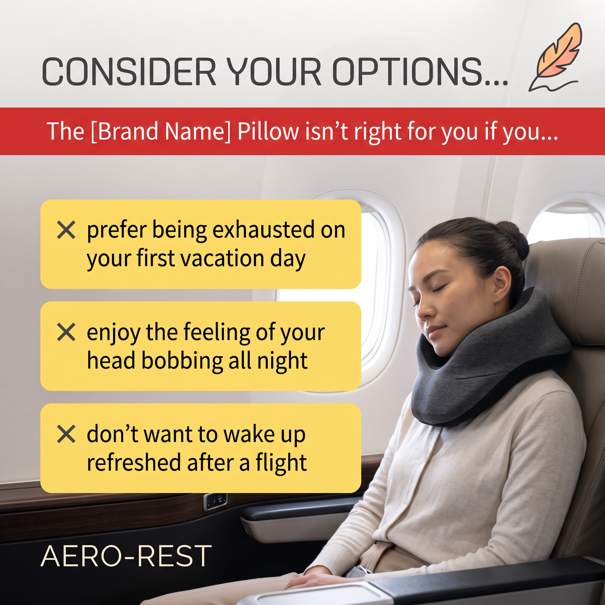 Woman asleep in an airplane seat wearing a grey neck pillow, with three yellow boxes listing why the pillow is not for you