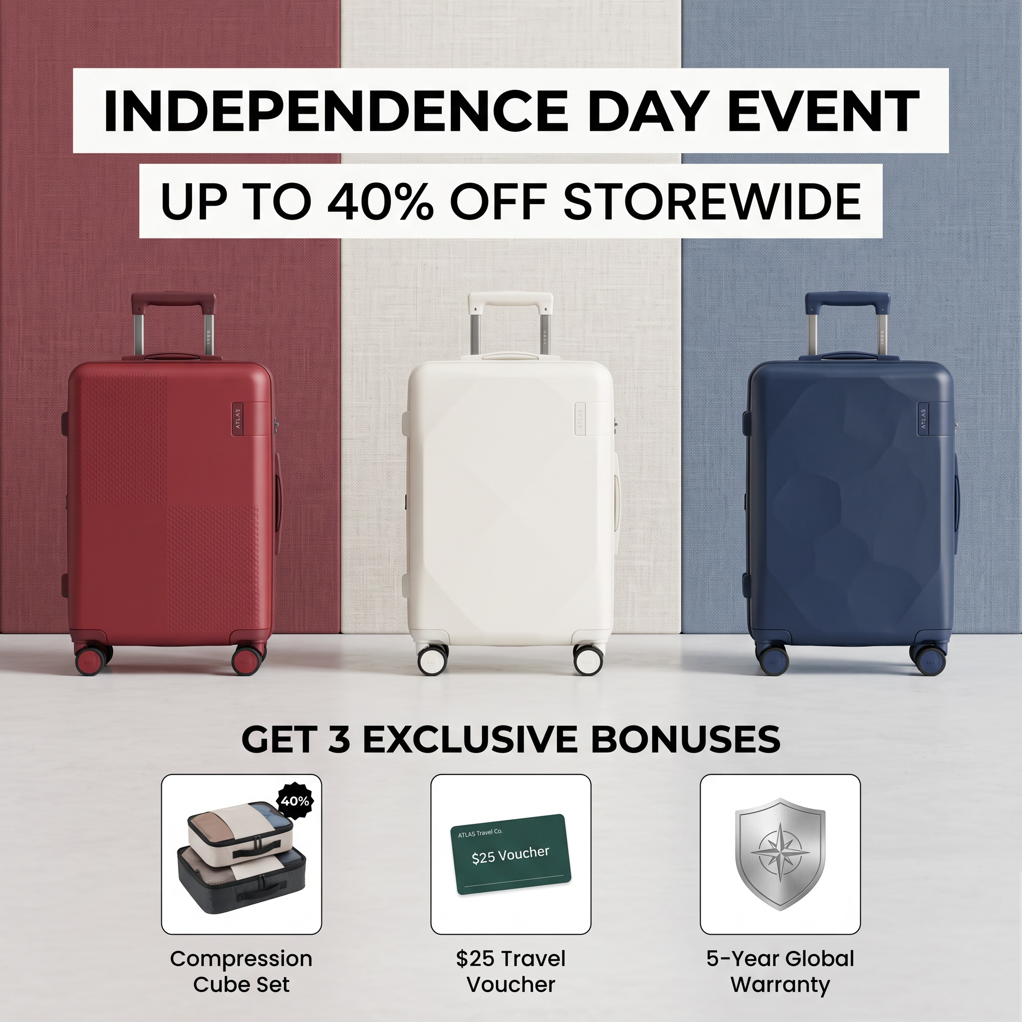 Red, white and navy suitcases in front of matching fabric panels, with a 40% off headline and three bonus gift tiles below