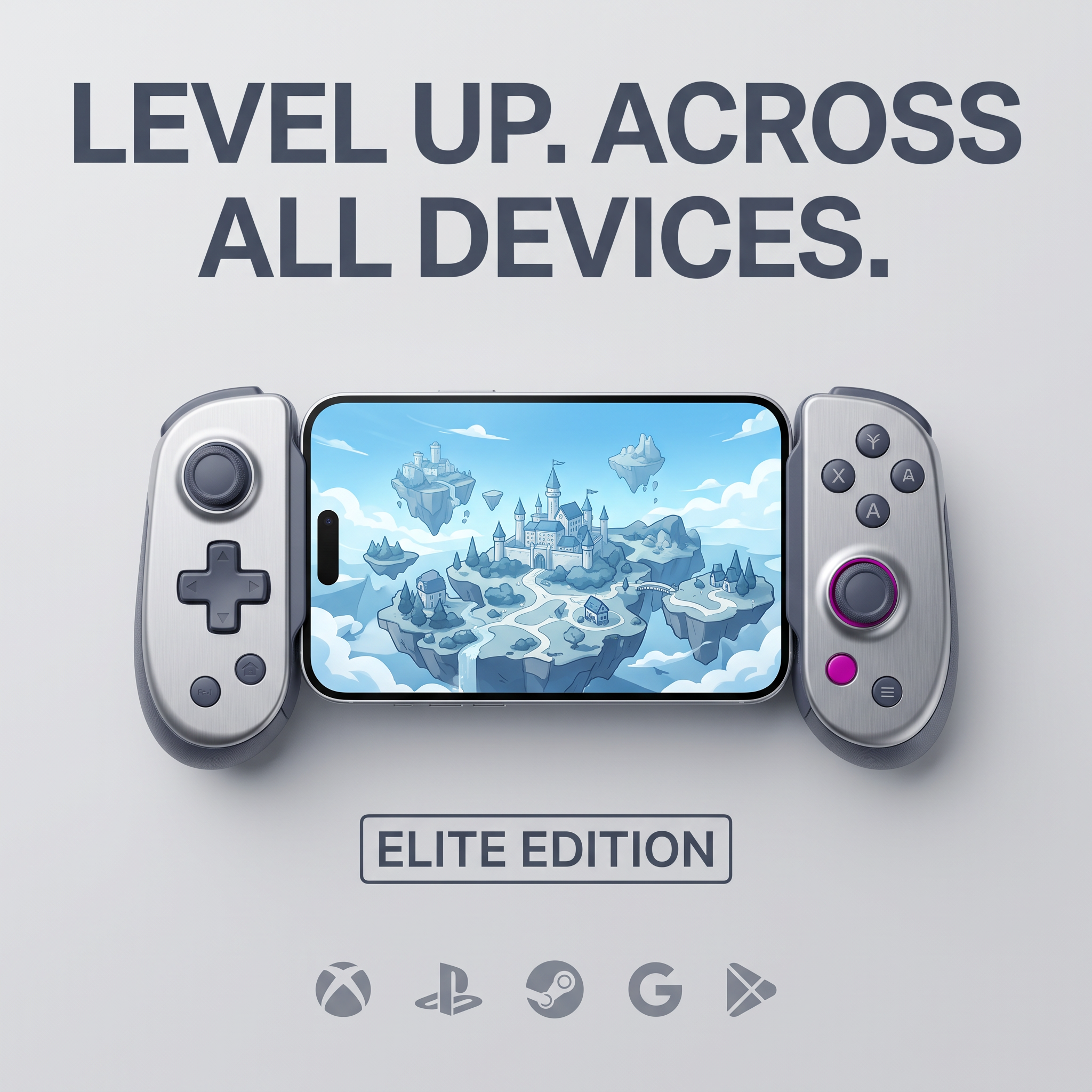 Silver mobile game controller holding a phone showing a fantasy castle game, under the headline Level up across all devices