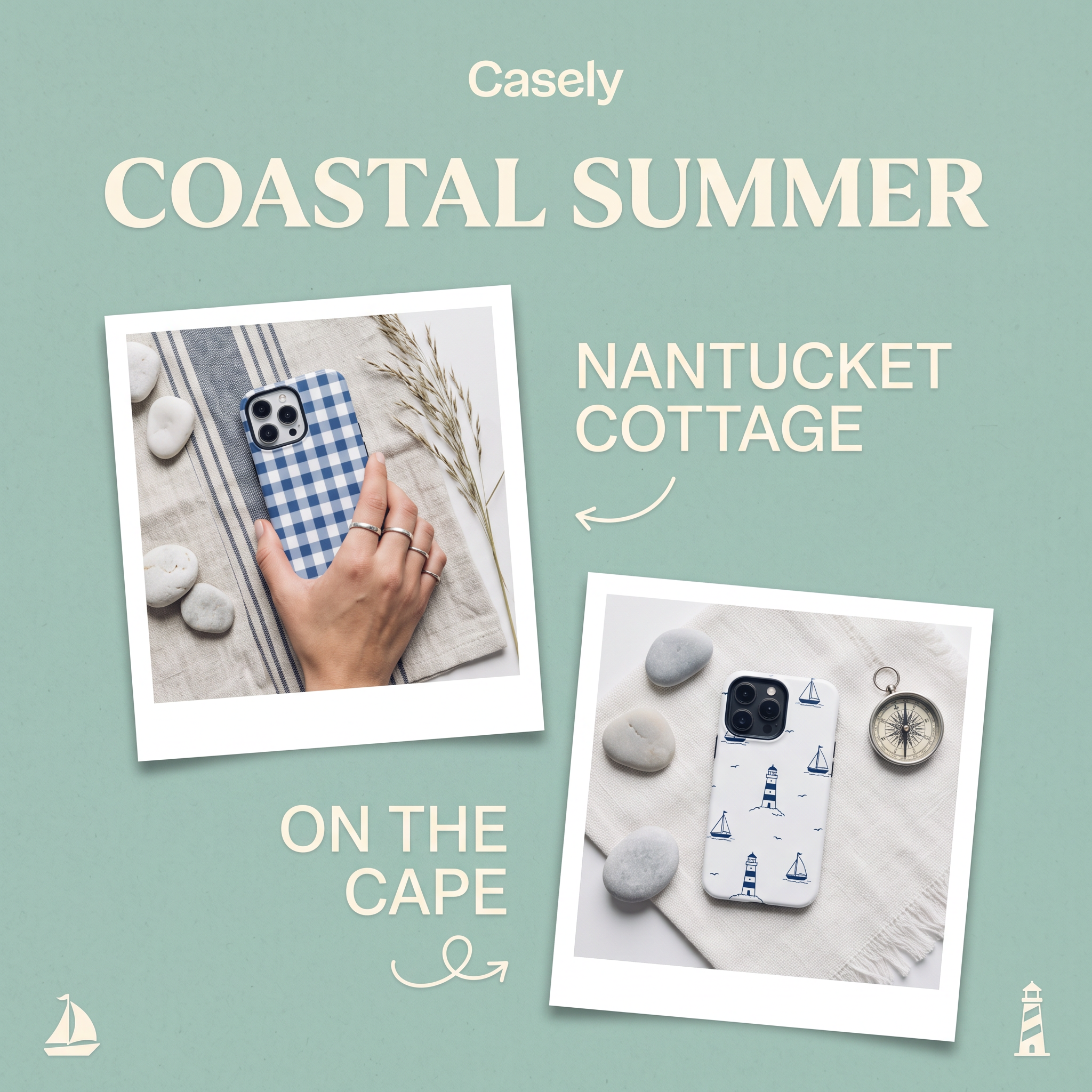 Two polaroid photos of gingham and lighthouse phone cases with pebbles on sage green background, Coastal Summer headline