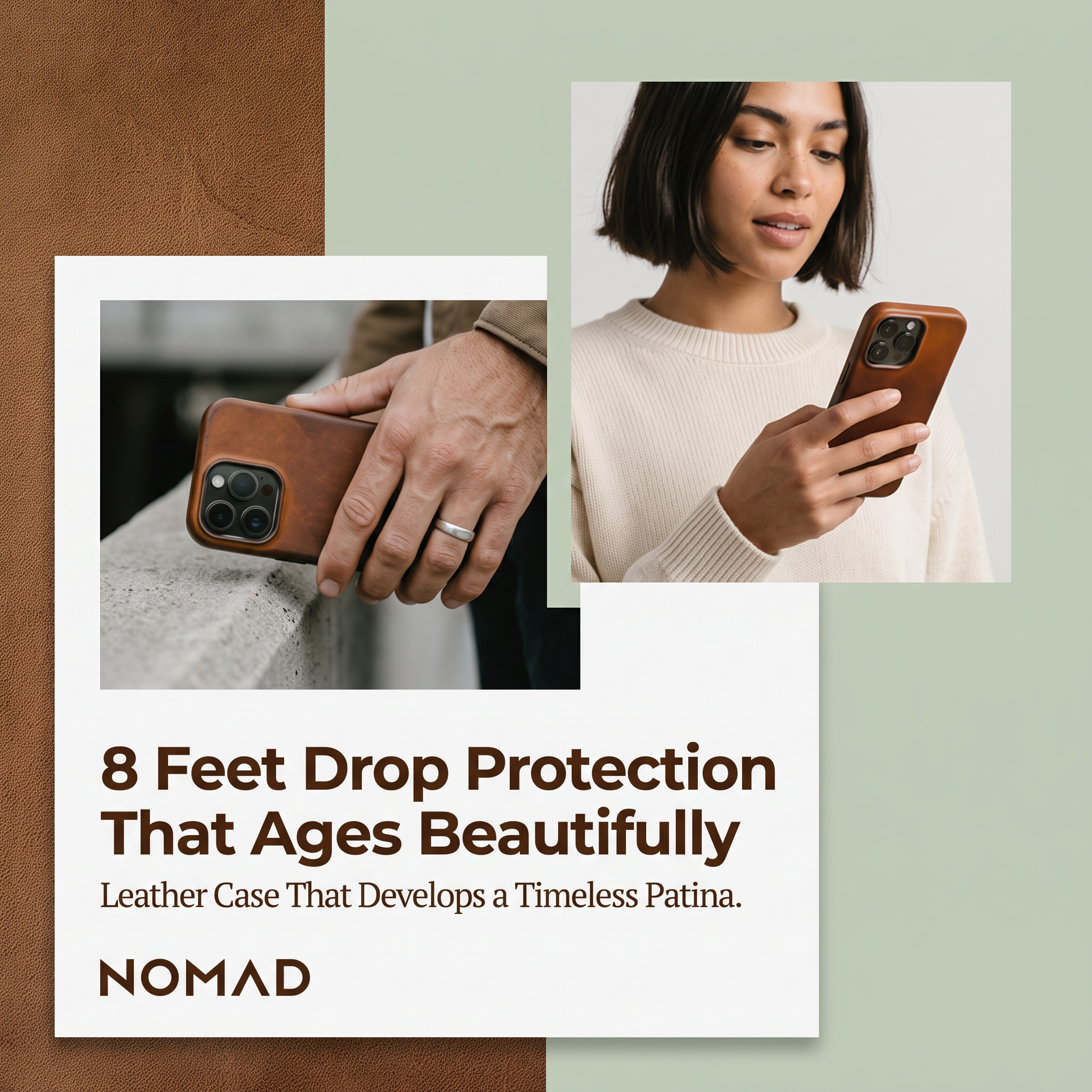 Collage of brown leather phone case held by a man on a ledge and a woman in a cream sweater, headline about drop protection