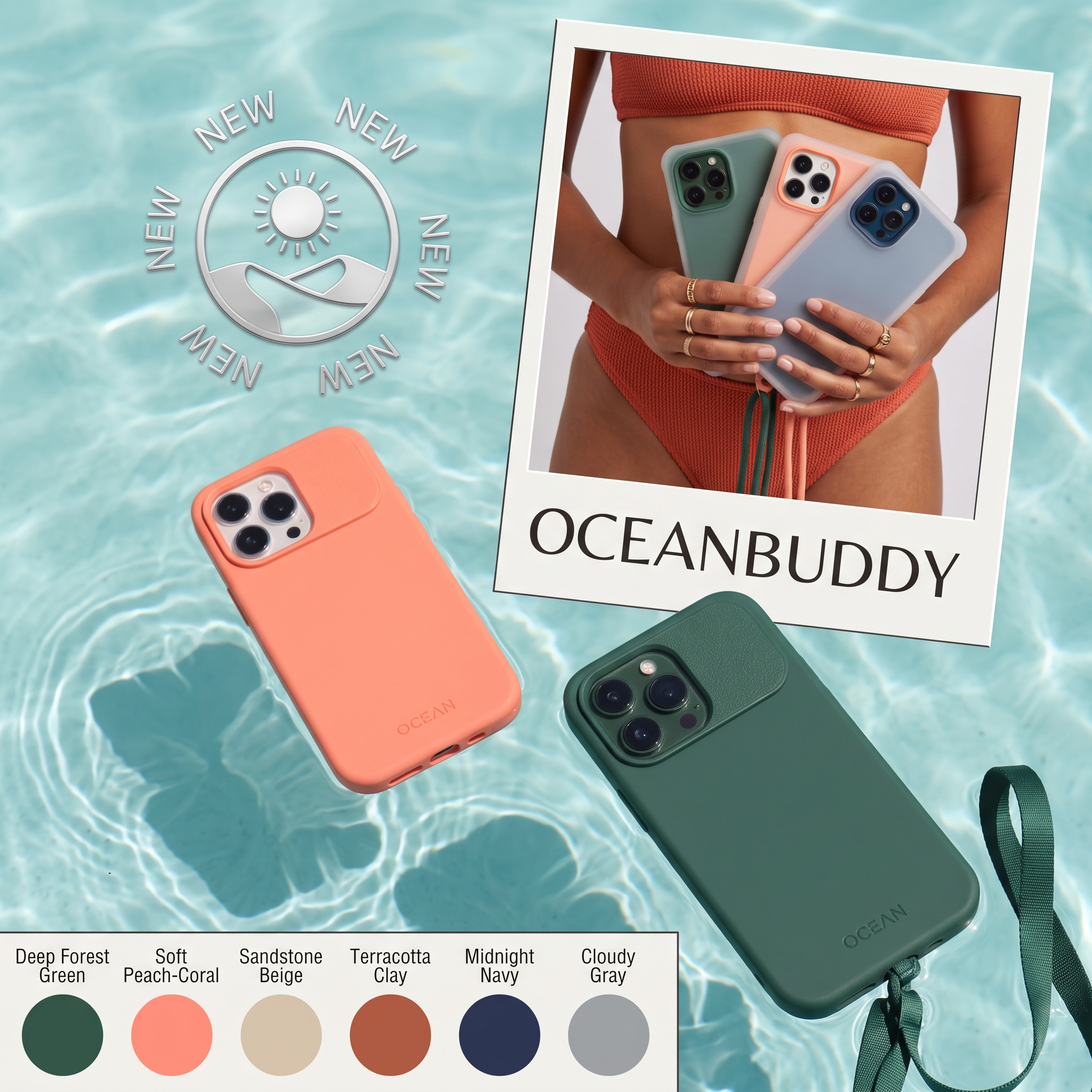 Coral and green phone cases floating in a pool with a polaroid of three cases, a NEW badge and six colour swatches