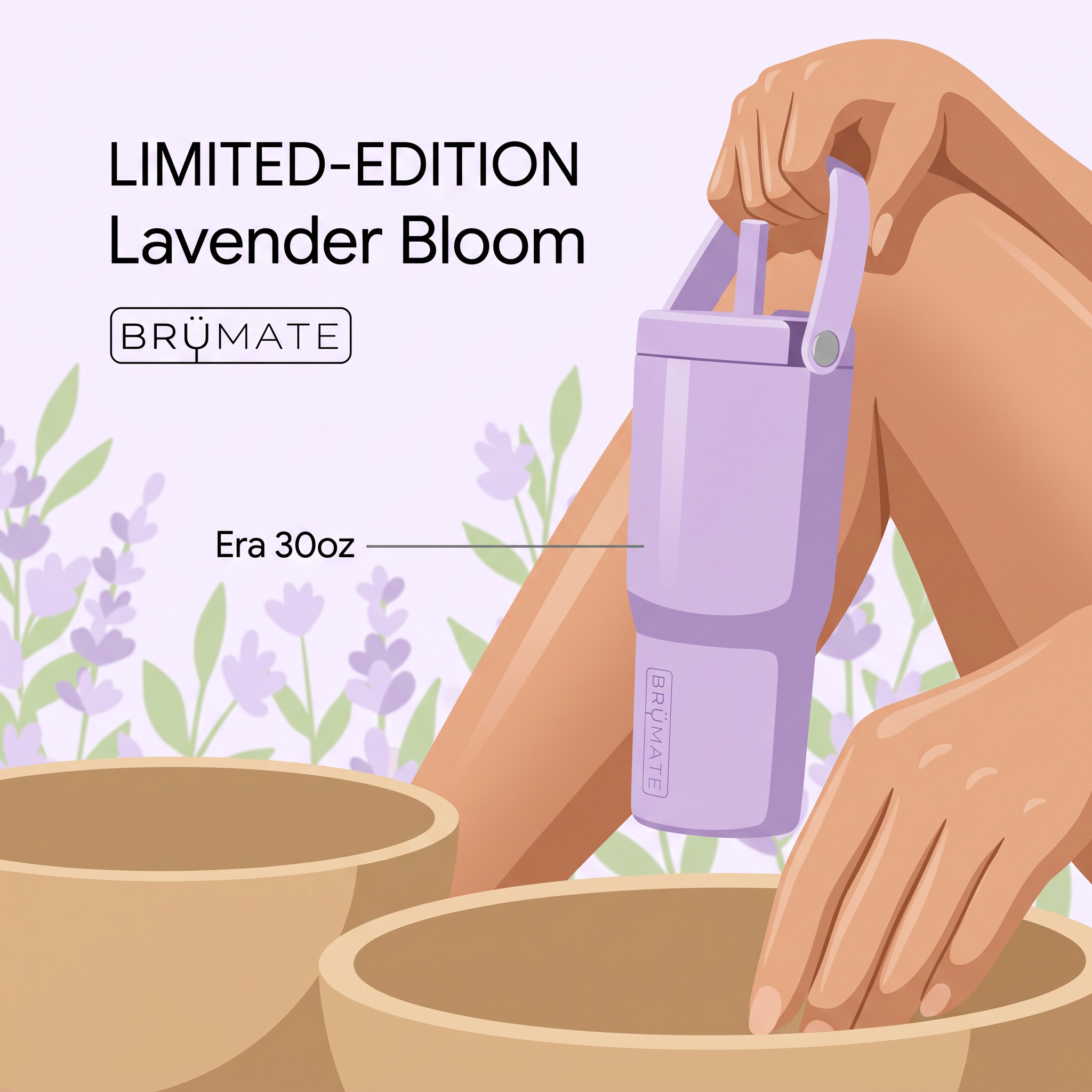 Illustration of a hand holding a lavender BrüMate Era tumbler over pottery bowls, with a Limited-Edition headline