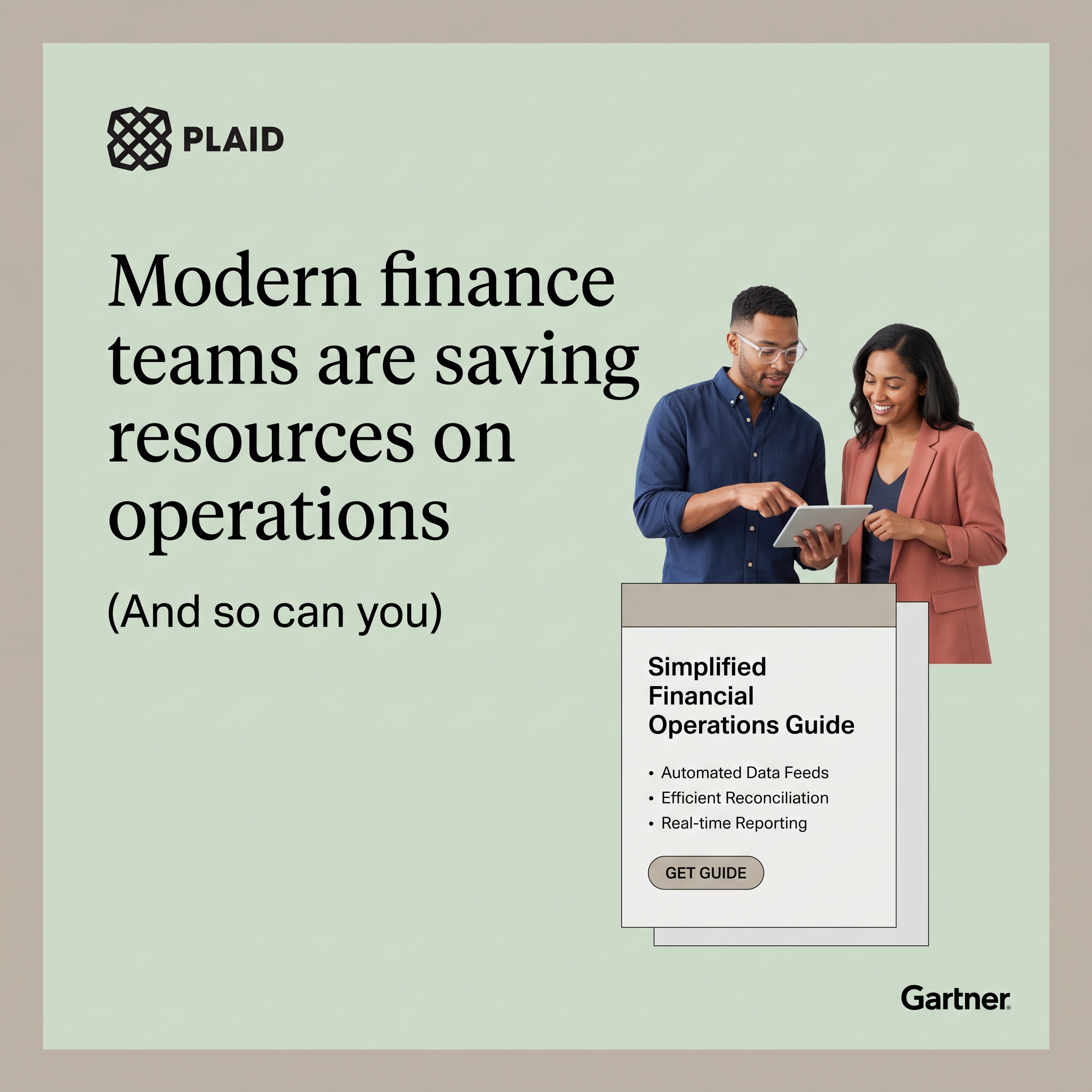 Plaid ad with a headline about finance teams saving resources, two colleagues with a tablet and a guide mockup