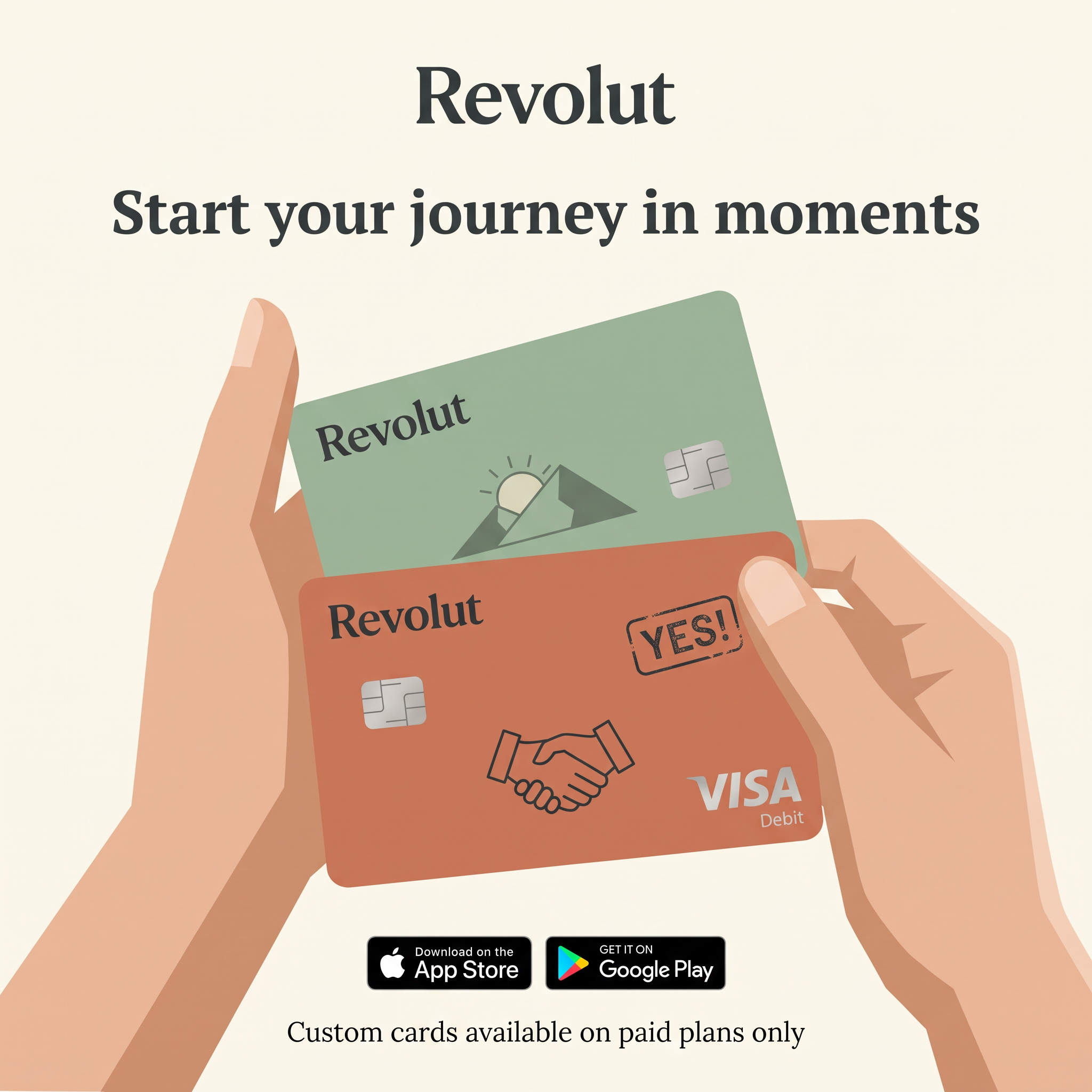 Revolut ad: illustrated hands holding green and terracotta custom debit cards, headline and app store badges